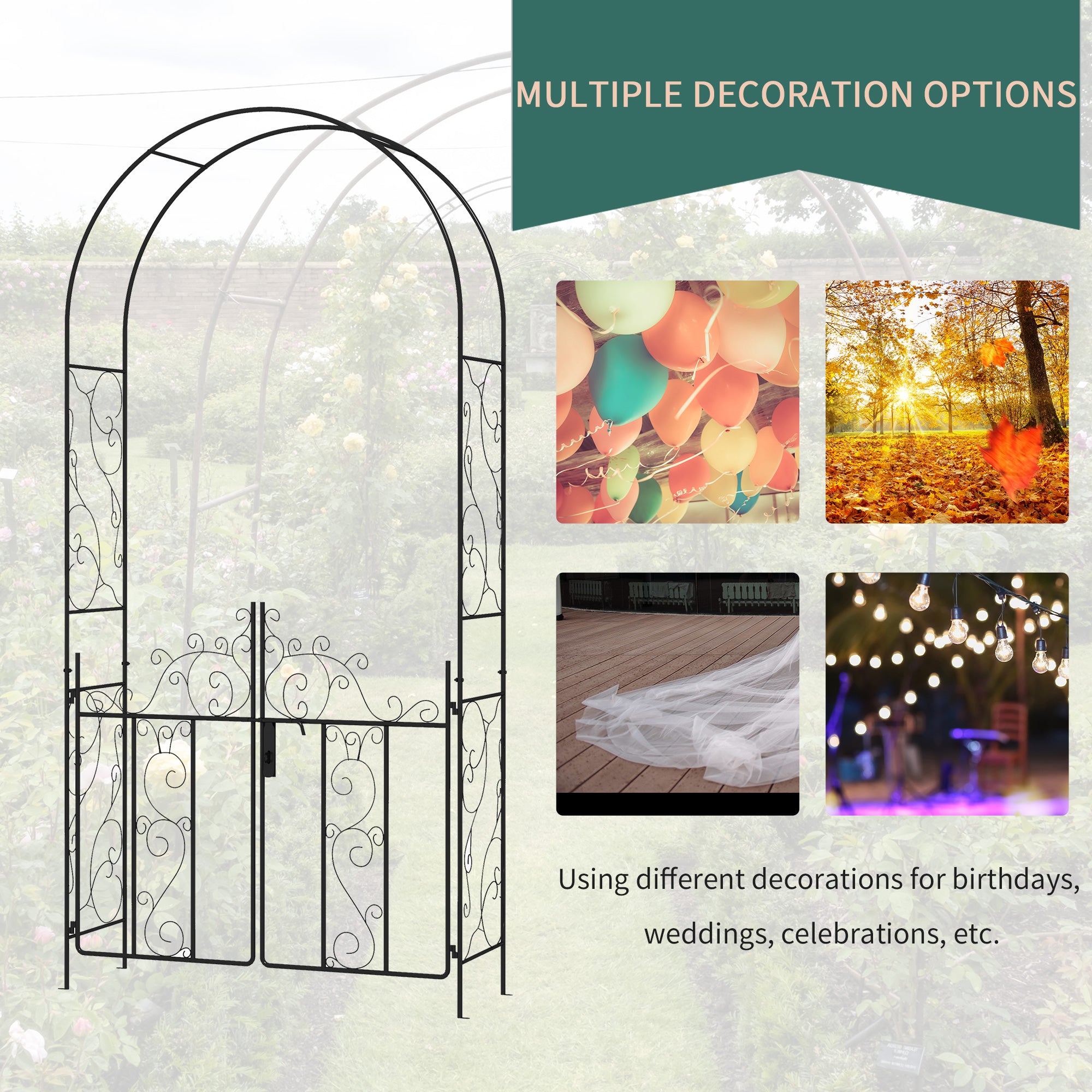 89.25" Metal Garden Arch with Gate, Garden Arbor Trellis for Climbing Plants, Roses, Vines, Wedding Arch, Black - Black - Image 6