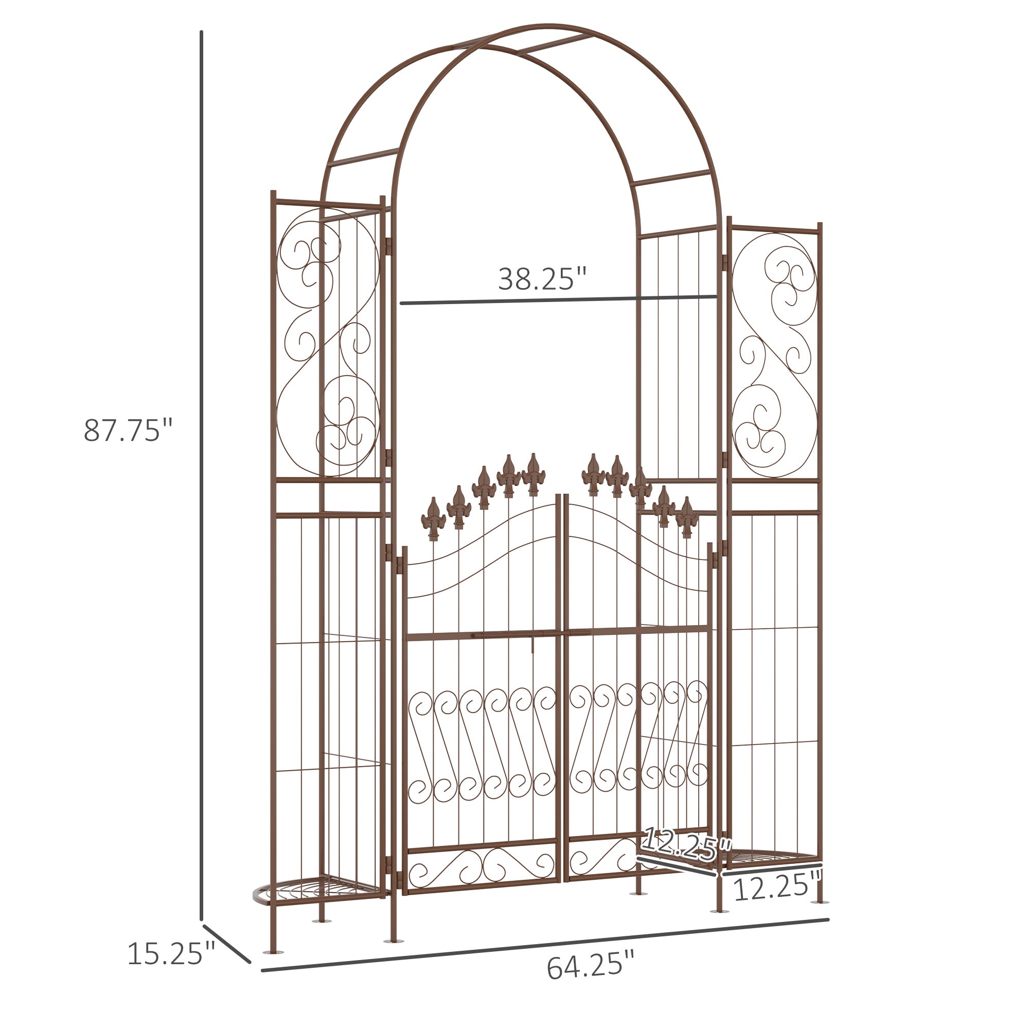 7' Metal Garden Arbor, Garden Arch with Gate, Fleur De Lis Motif, Latching Doors, Planter Shelves for Climbing Vines, Ceremony, Weddings, Party, Garden, Backyard, Lawn, Brown - Brown - Image 3