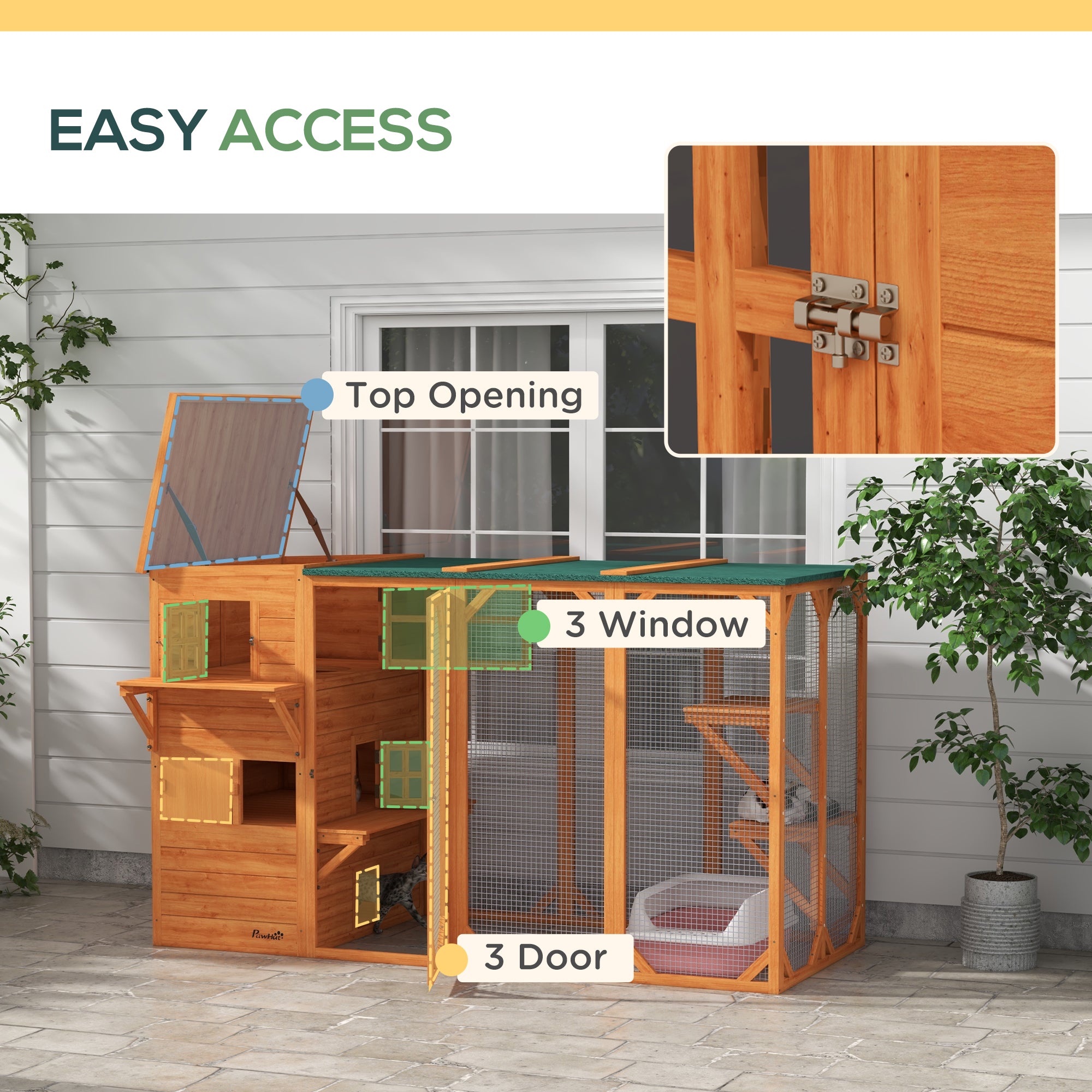 Large Outdoor Cat House for 3 Kitties, Multi-Level Design with Big Hiding Areas 2 Stories & Multiple Platforms Cat Condo - Orange - Image 6