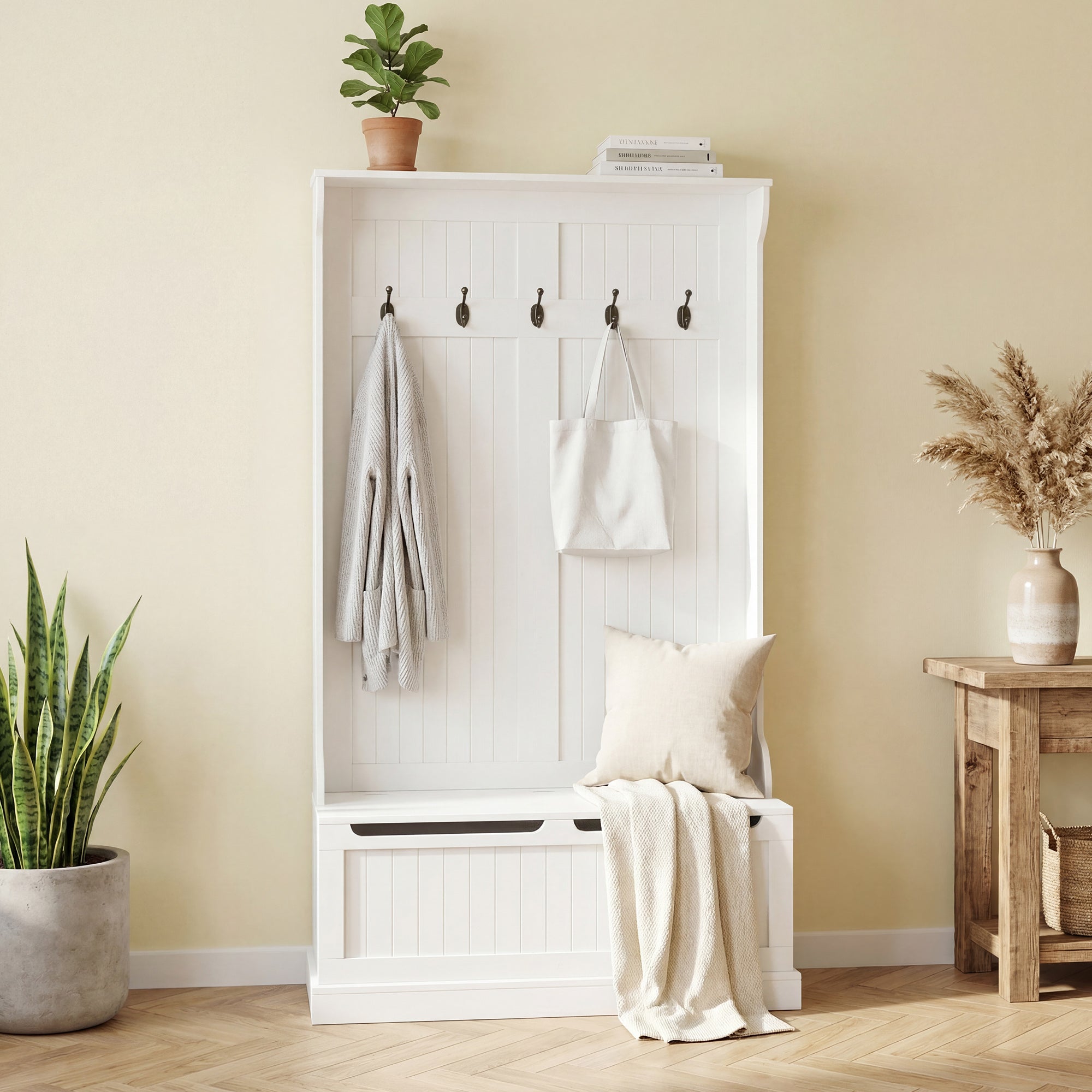 3-In-1 Entryway Bench with Coat Rack, Hall Tree with Bench and Shoe Storage, 5 Hooks for Hallway Cream White