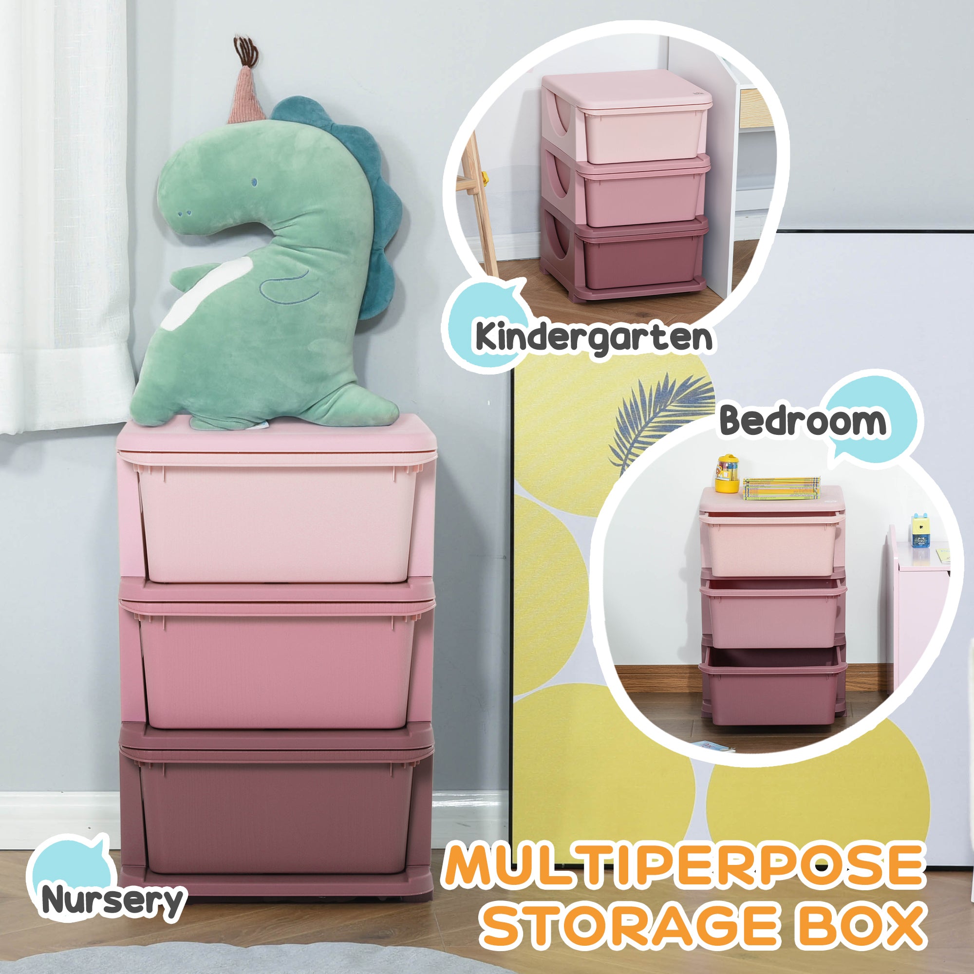 3 Tier Kids Storage Unit, 3 Drawer Chest Toy Organizer Plastic Bins for Kids Bedroom Nursery Kindergarten Living Room for Boys Girls Toddlers, Pink