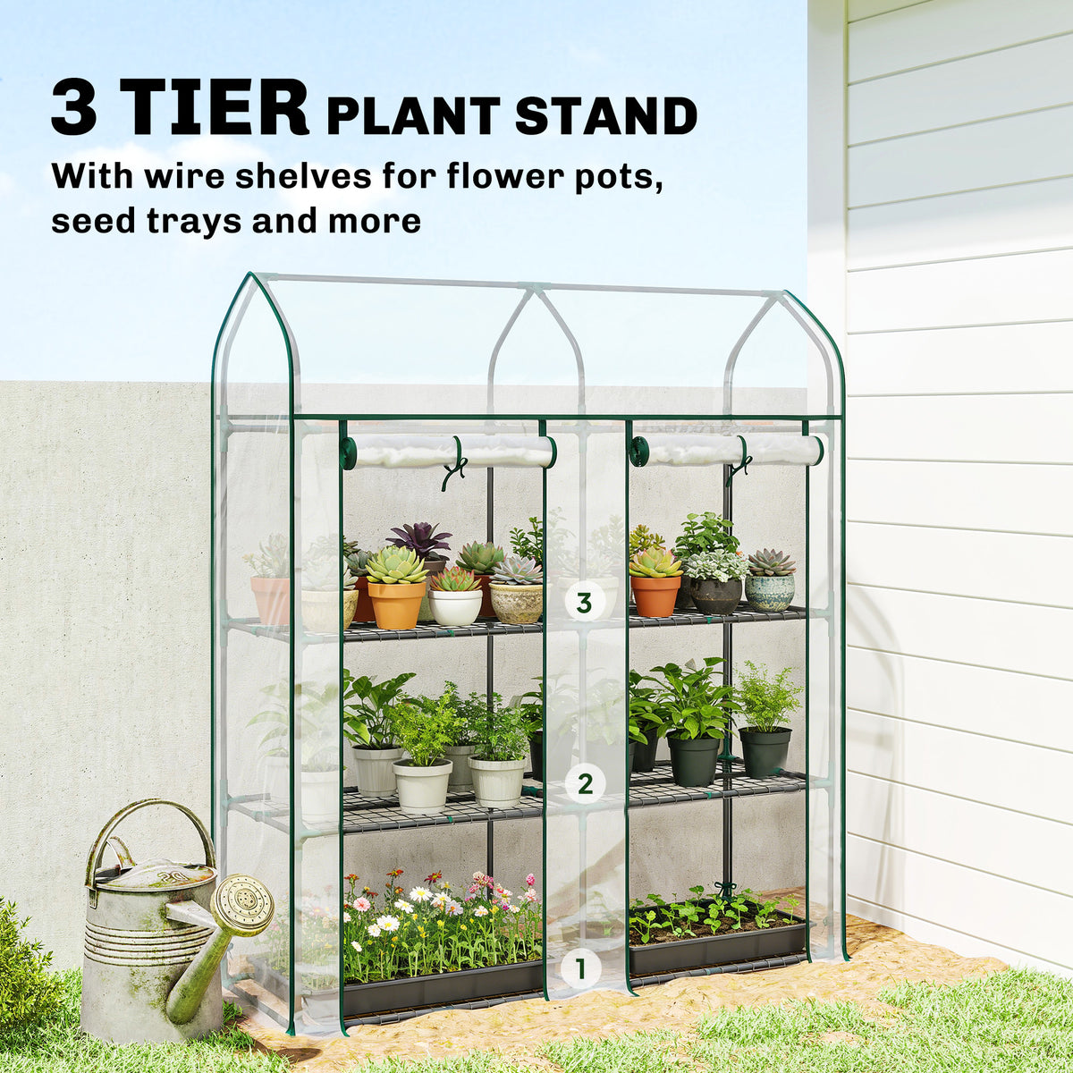 3 Tier Mini Greenhouse, Small Portable Greenhouse with 2 Roll-up Doors, 56.3" x 18.1" x 65", Clear