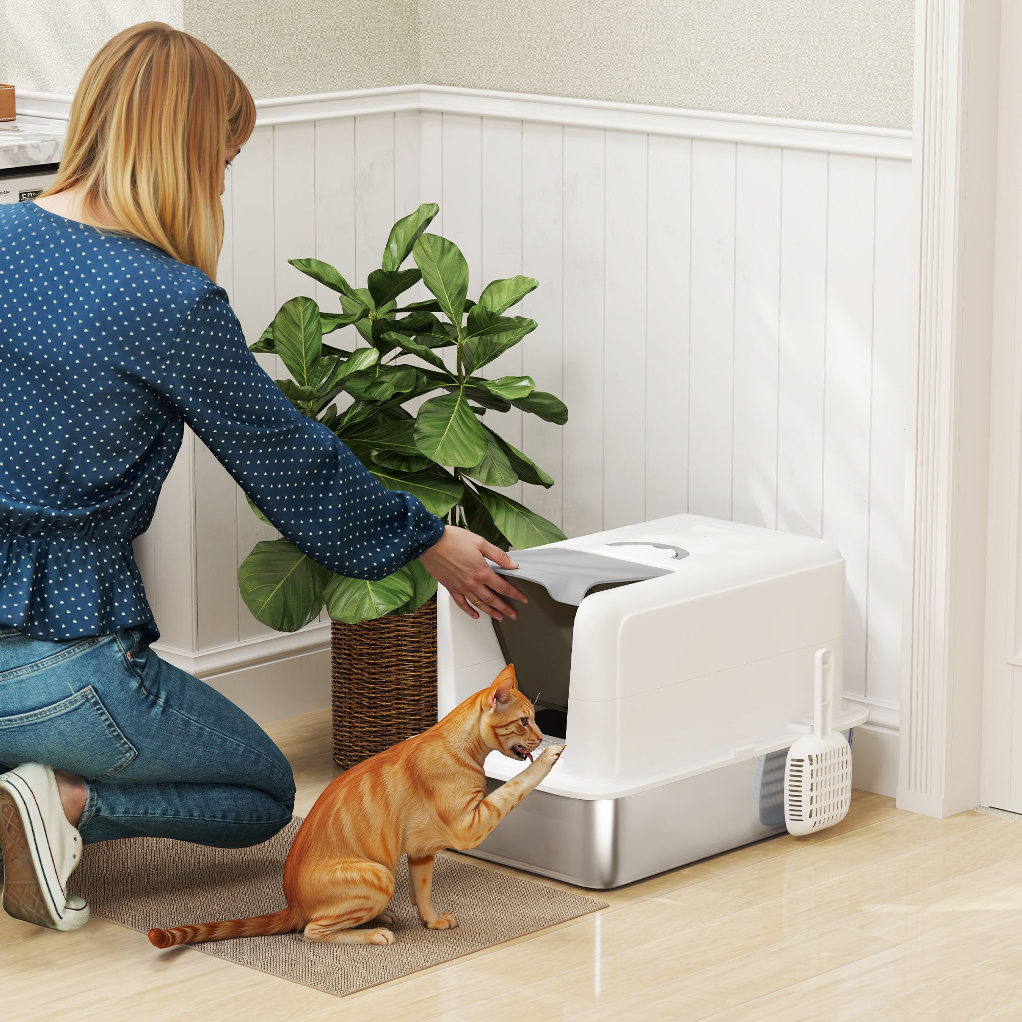 2 in 1 Stainless Steel Cat Litter Box with Removable Lid, Scoop, Filter Bags, for Small to Large Cats, White - White - Image 2