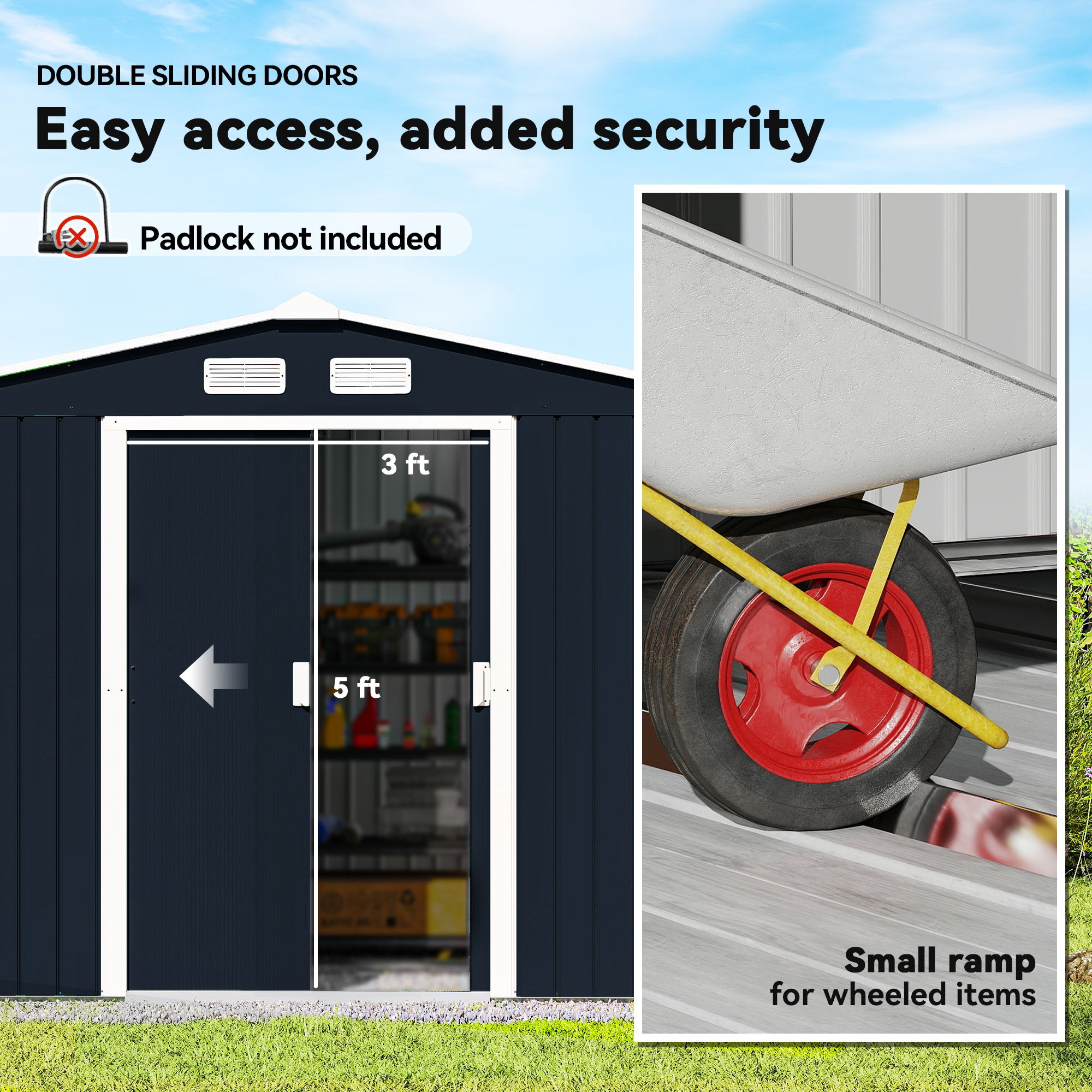 9' x 6' Outdoor Storage Shed, Garden Tool Metal Shed with Foundation Kit, Double Lockable Door, Air Vents and Sloping Roof, for Backyard, Patio, Lawn, Dark Gray - Dark Gray - Image 5