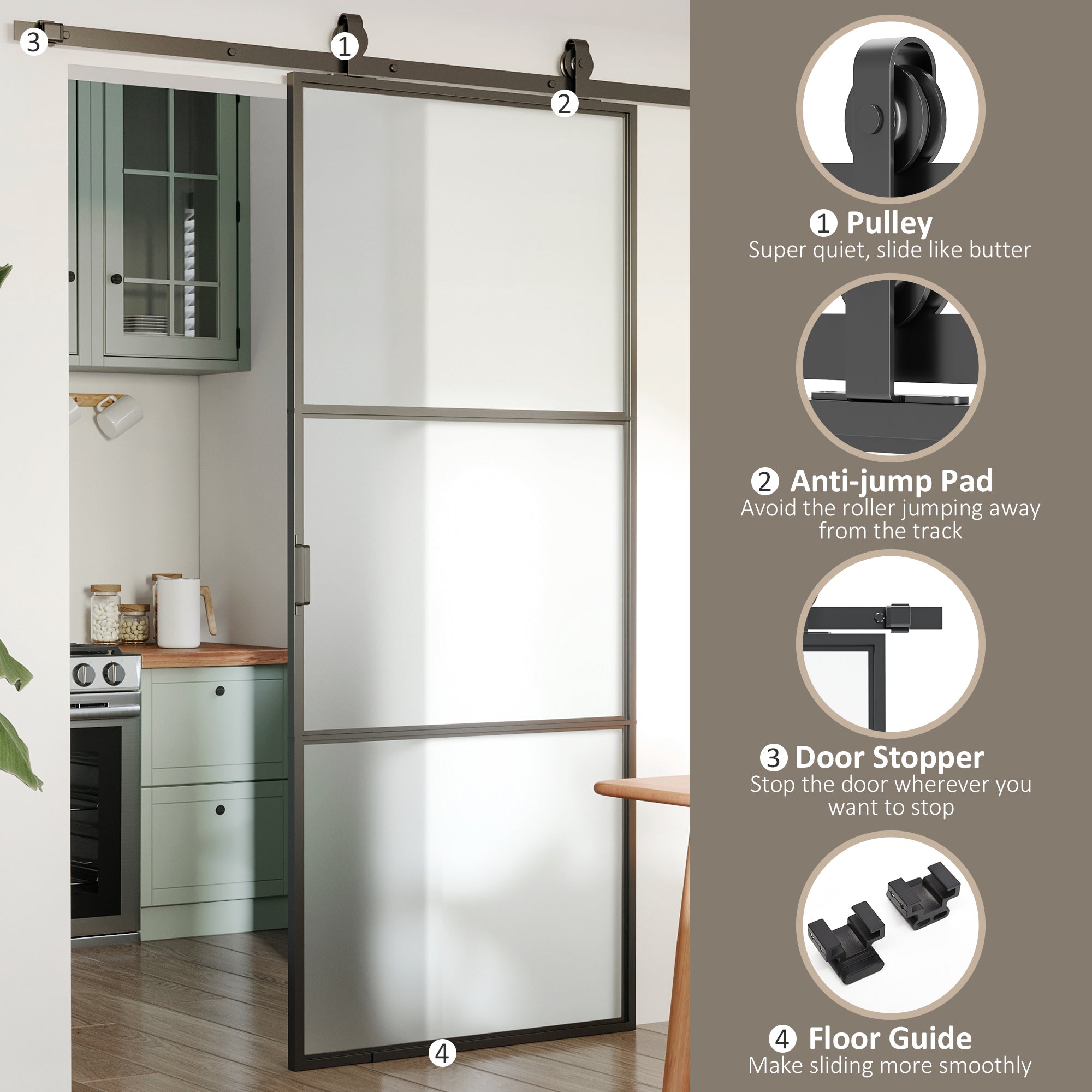 36" x 84" Sliding Door with Hardware Kit, Handle, & Track, Frosted Tempered Glass Door, Easy Installation