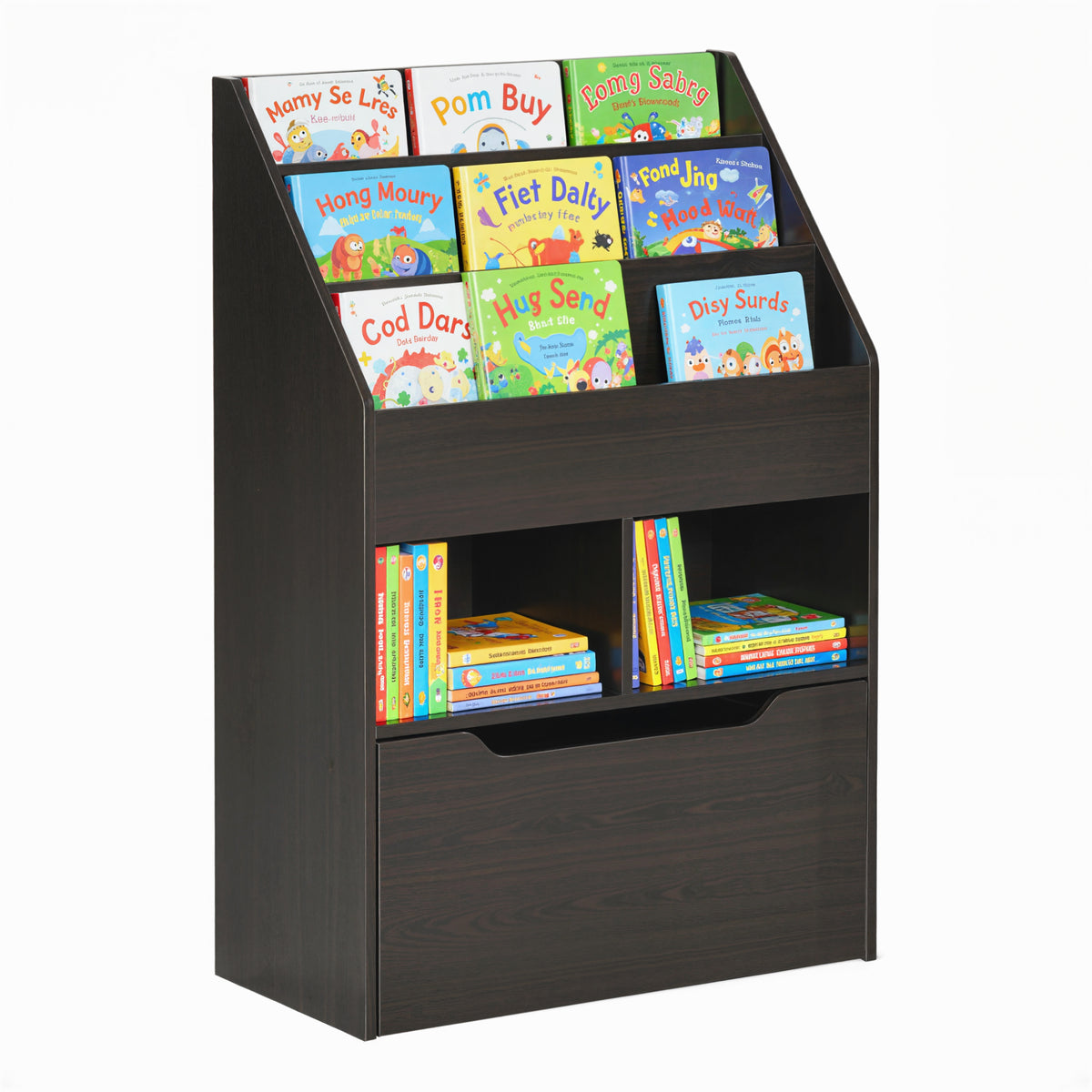 Kids Bookcase Multi-Shelf Book Rack with Mobile Drawer for Books, Toy,Brown