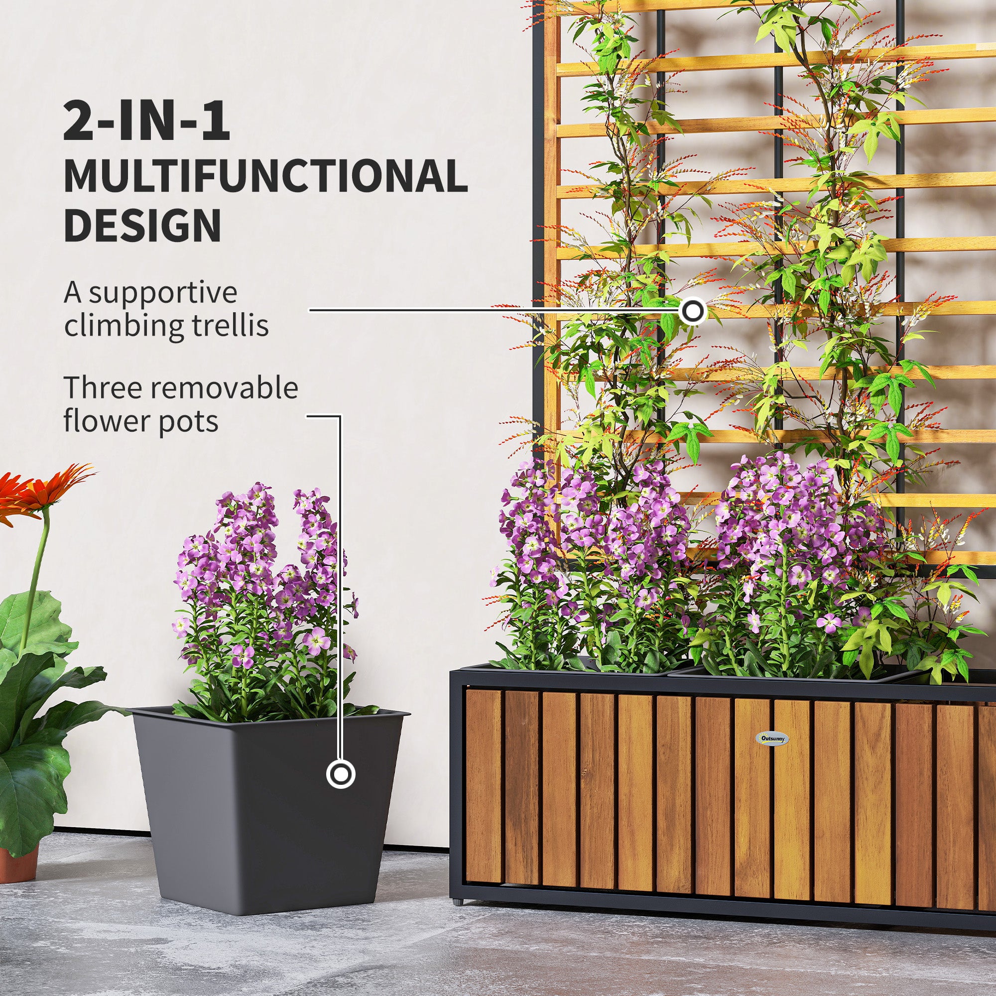 Wooden Raised Garden Bed with Trellis, Removable Pots for Backyard, Patio, Balcony, 29" x 11" x 52", Teak - Teak - Image 4