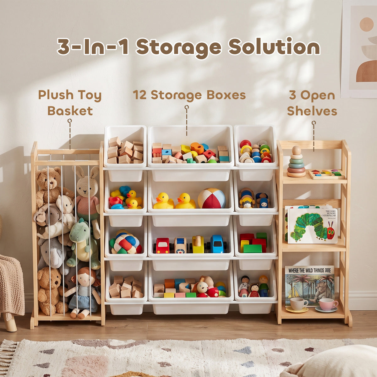 3-in-1 Wooden Toy Storage Organizer with Stuffed Animal Storage, Bookshelf, 12 Bins for Bedroom, Playroom, Nursery