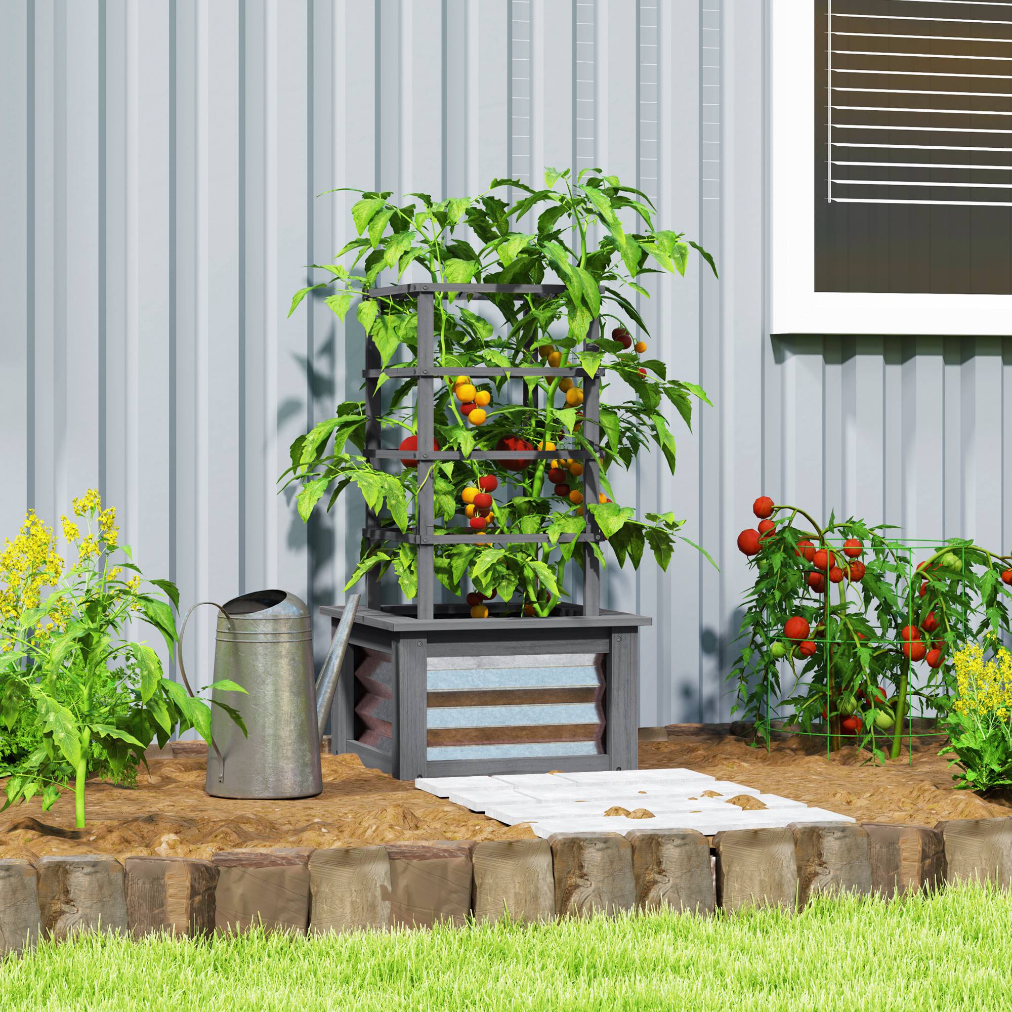 Wooden Raised Garden Bed with Trellis, Galvanized Planter Box Elevated Garden Bed for Garden, Patio, Gray - Gray - Image 2