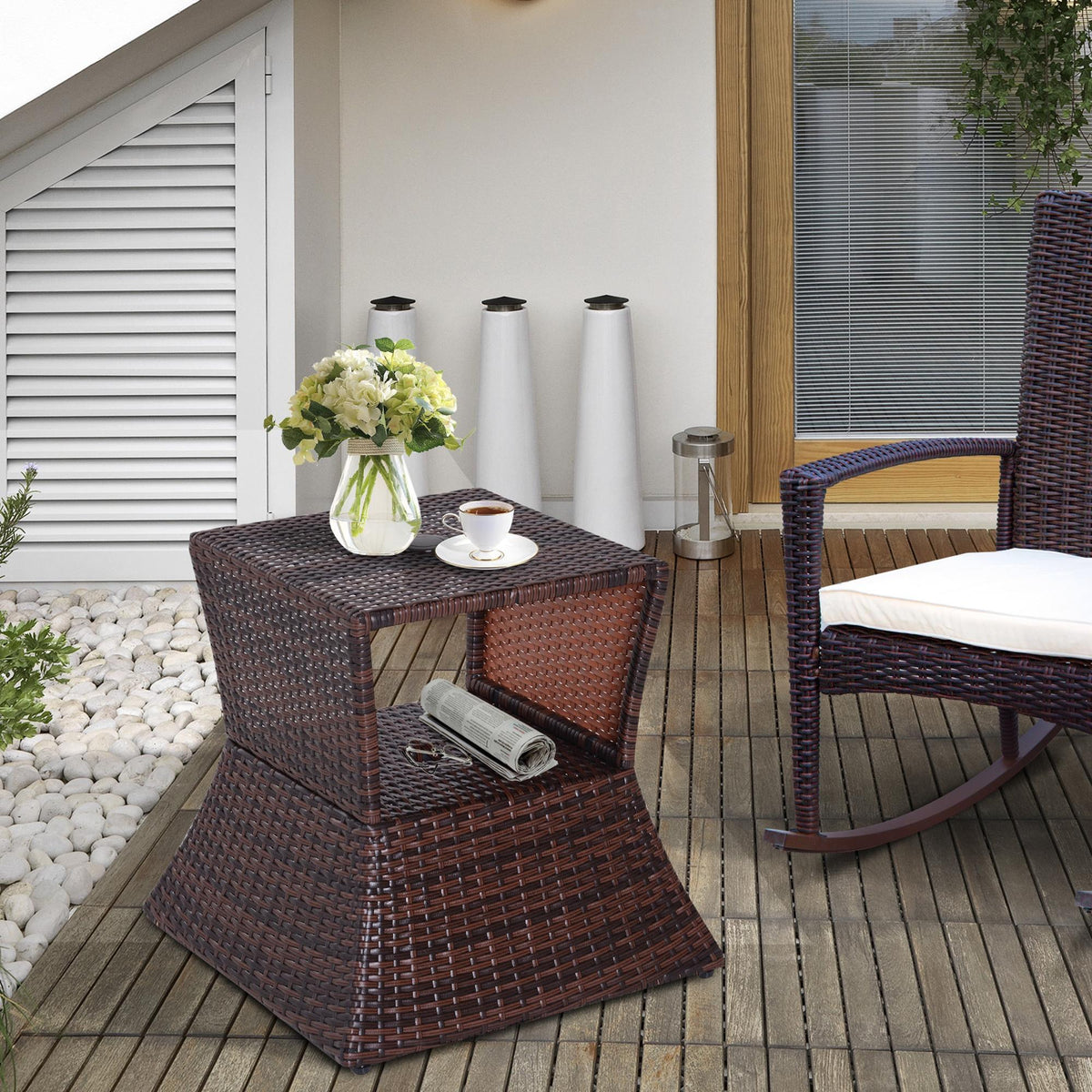 Outdoor Side Table with Umbrella Hole, 2 Tier Rattan Wicker End Table with Storage Shelf, All Weather for Outdoor, Patio, Garden, Backyard, Mixed Brown