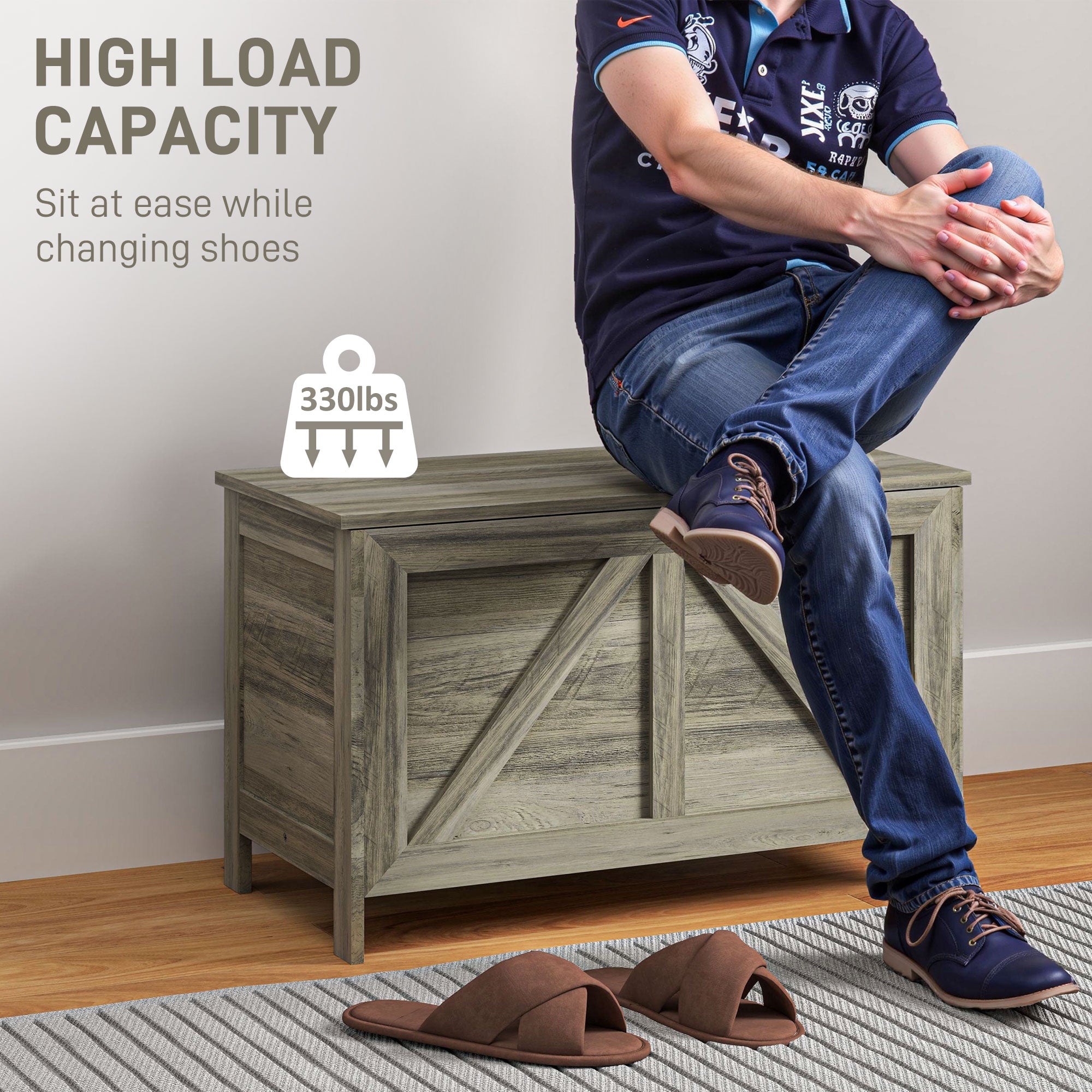 30" Farmhouse Storage Bench, Lift Top Storage Chest with Safety Hinge to Open Up 100°, Wooden Trunk for Bedroom, Entryway, Living Room, Gray