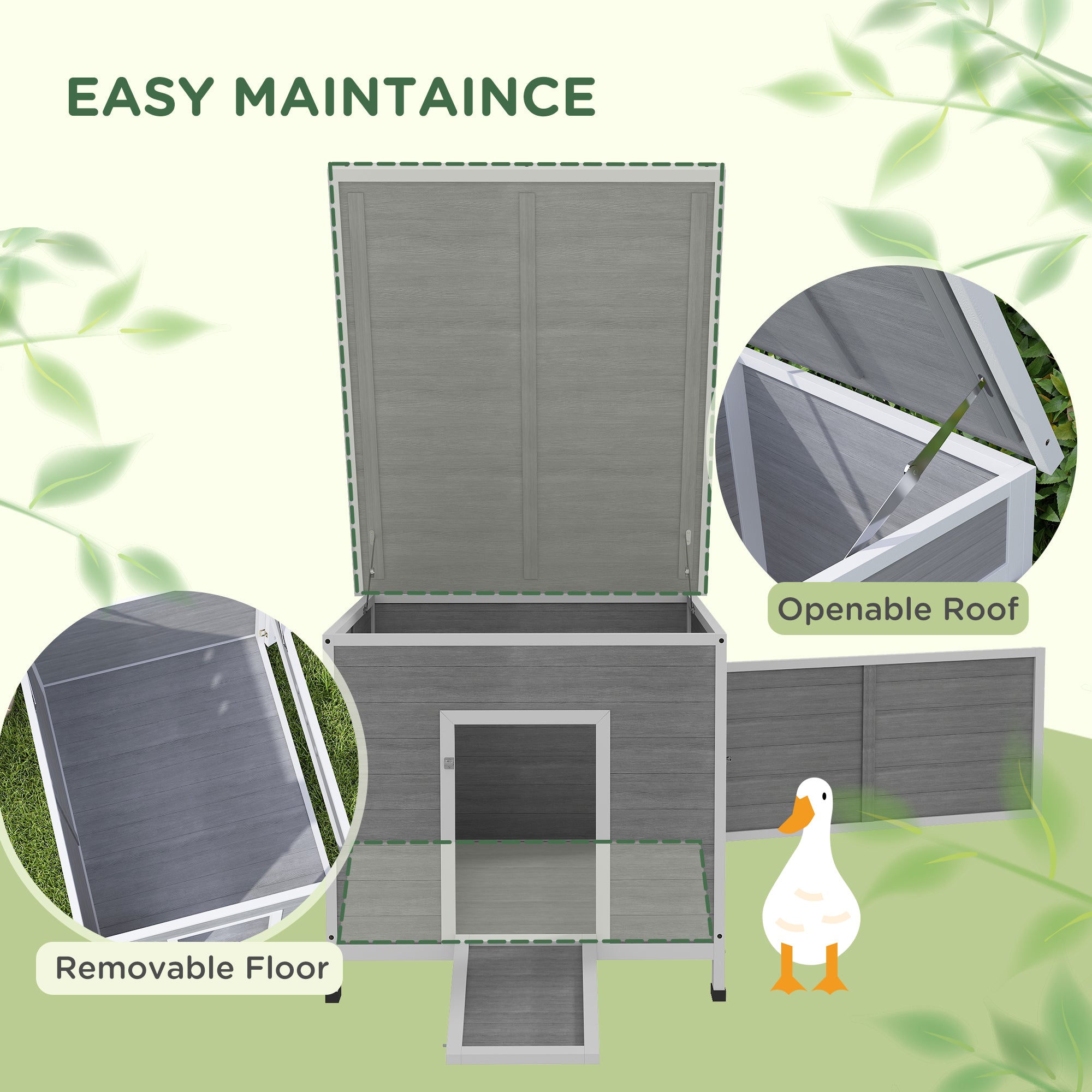 Wooden Duck Coop with Openable Roof, Removable Floor, Double Doors, Ramp, for 3-6 Ducks, Chickens, 30" x 38" x 30" - Light Gray - Image 4