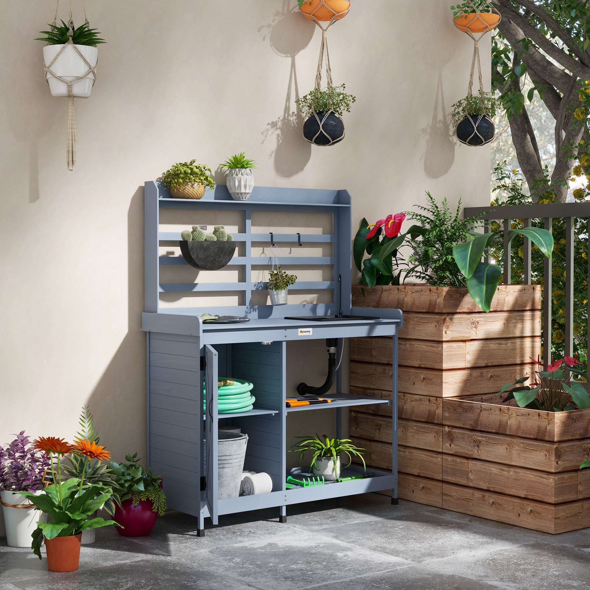 Wooden Potting Bench with Storage, Sink, Water Tap for Backyard, Patio, Balcony, Gray - Gray - Image 2