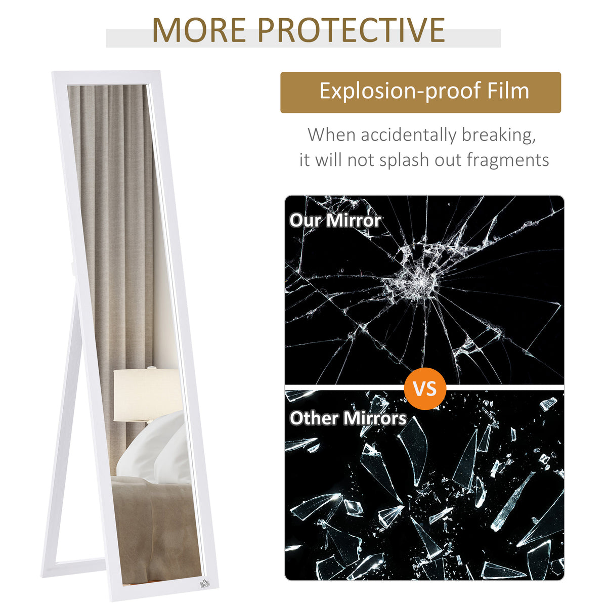 Full Length Glass Mirror, Freestanding or Wall Mounted Dress Mirror for Bedroom, Living Room, Bathroom, White
