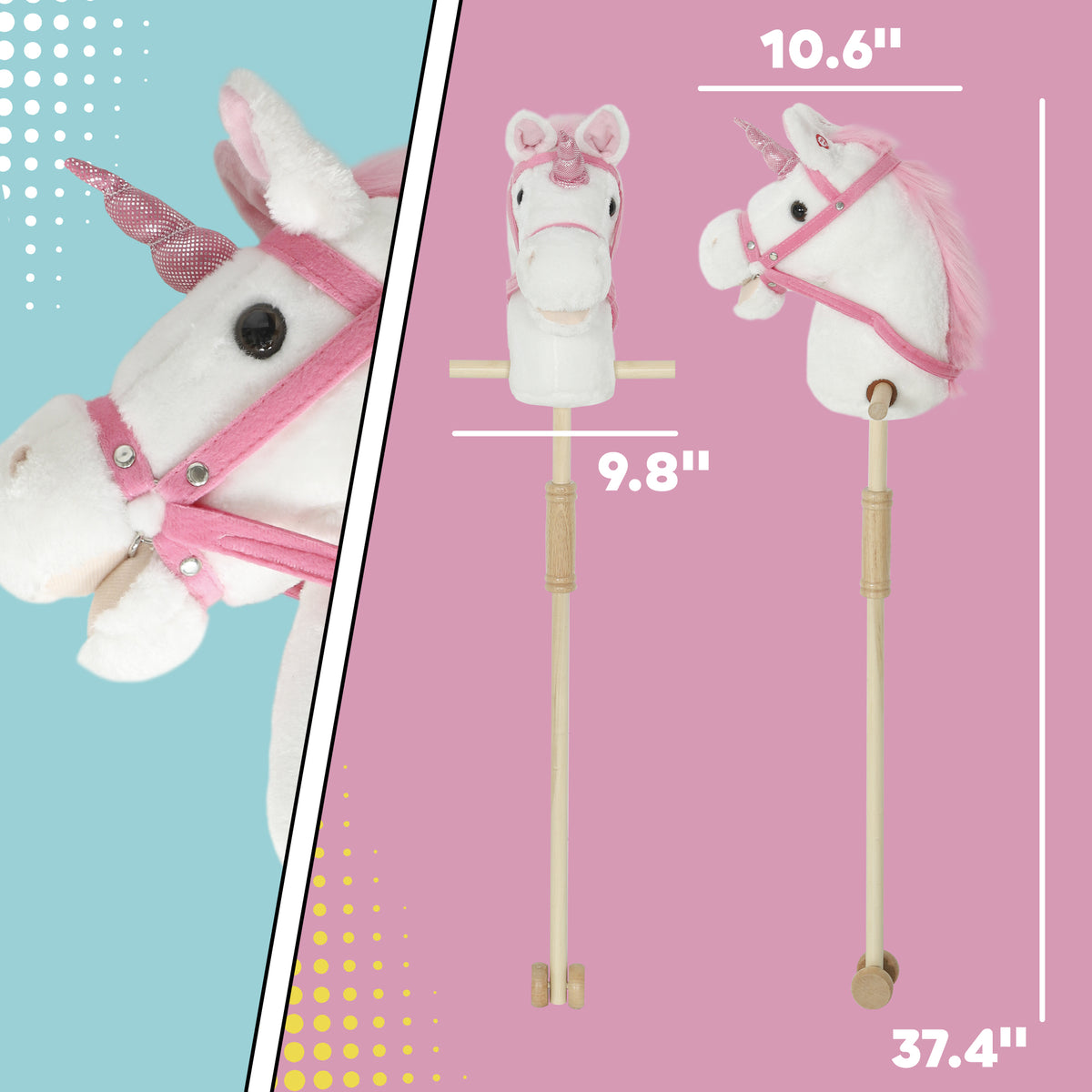 Stick Horse, Plush Handcrafted Hobby Horse with Wood Wheels, Real Pony Neighing and Galloping Sounds for Kids, White