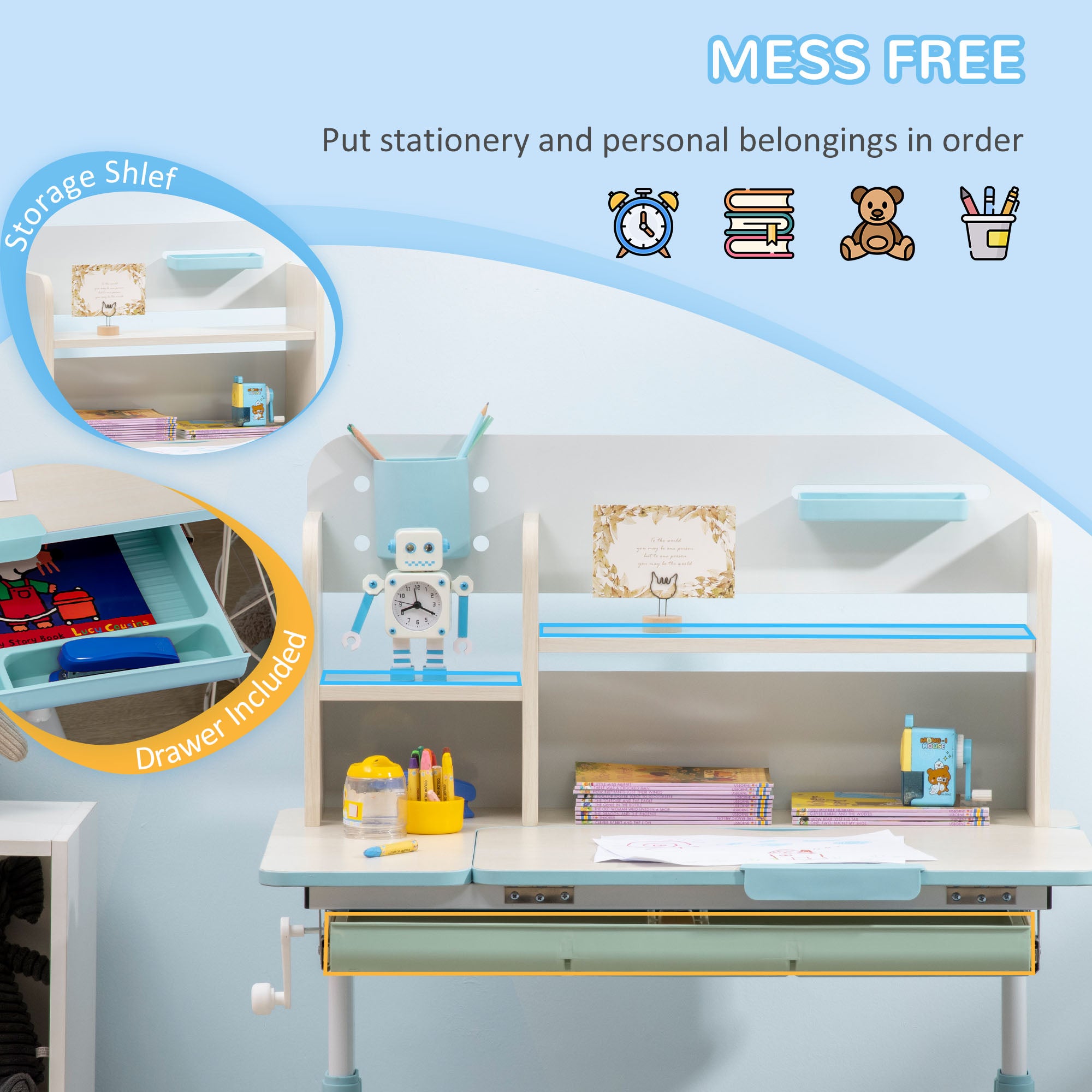 Wooden Kids Study Desk, Height Adjustable Children School Study Table, Student Writing Desk with Tilt Desktop, Drawer, Storage Shelf, Pen Holder, Blue