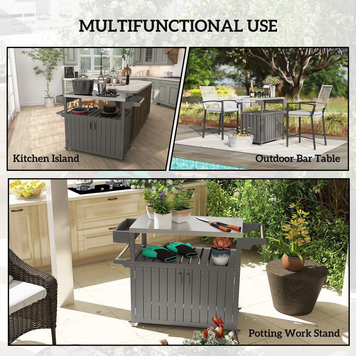 Outdoor Bar Cart with Storage, Stainless Steel Outdoor Bar Table Top, Wheeled HDPE Kitchen Island for Food Prep, Gray
