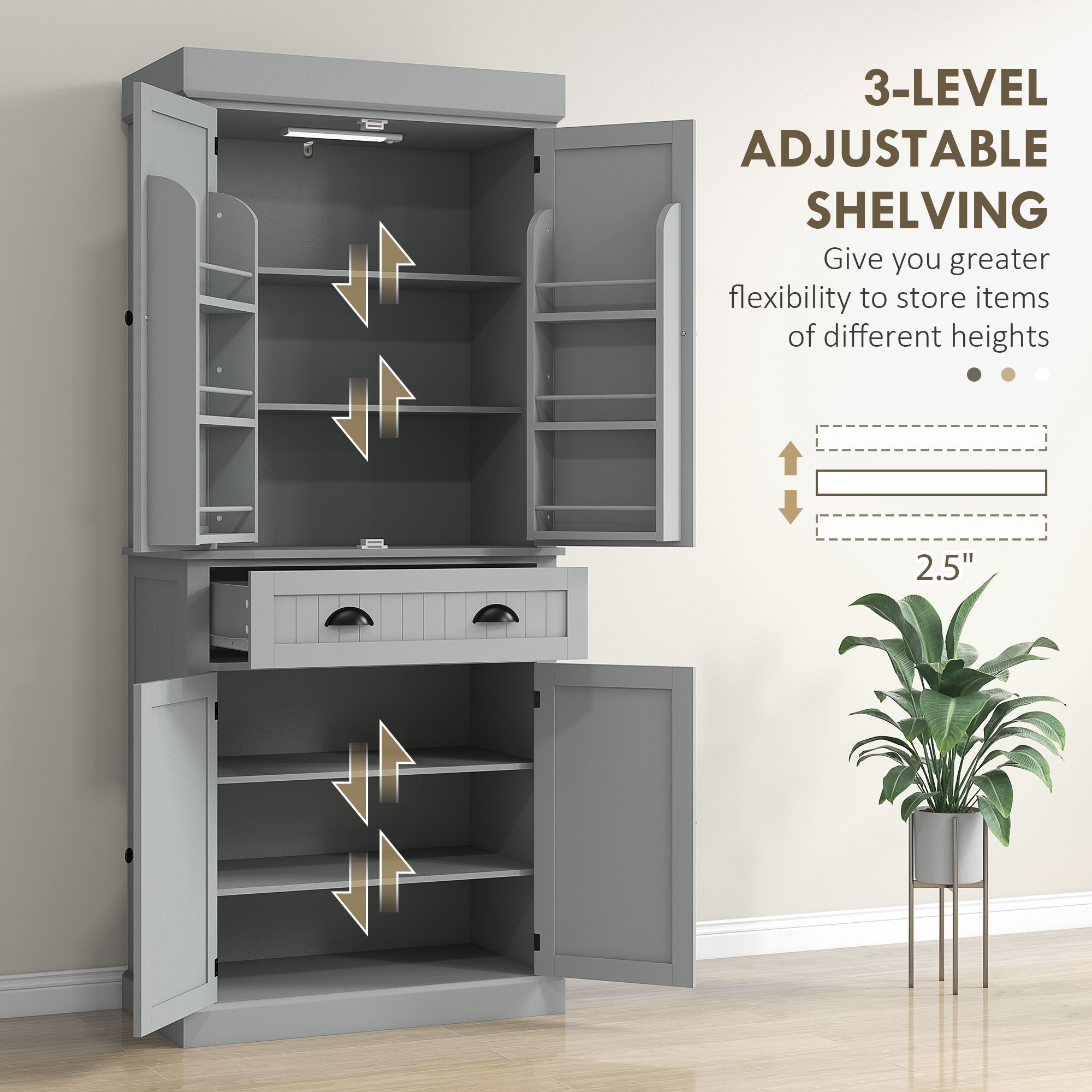 71" Kitchen Pantry Cabinet with LED Lights, 6 Door Shelves, a Drawer and 4 Adjustable Shelves, Gray