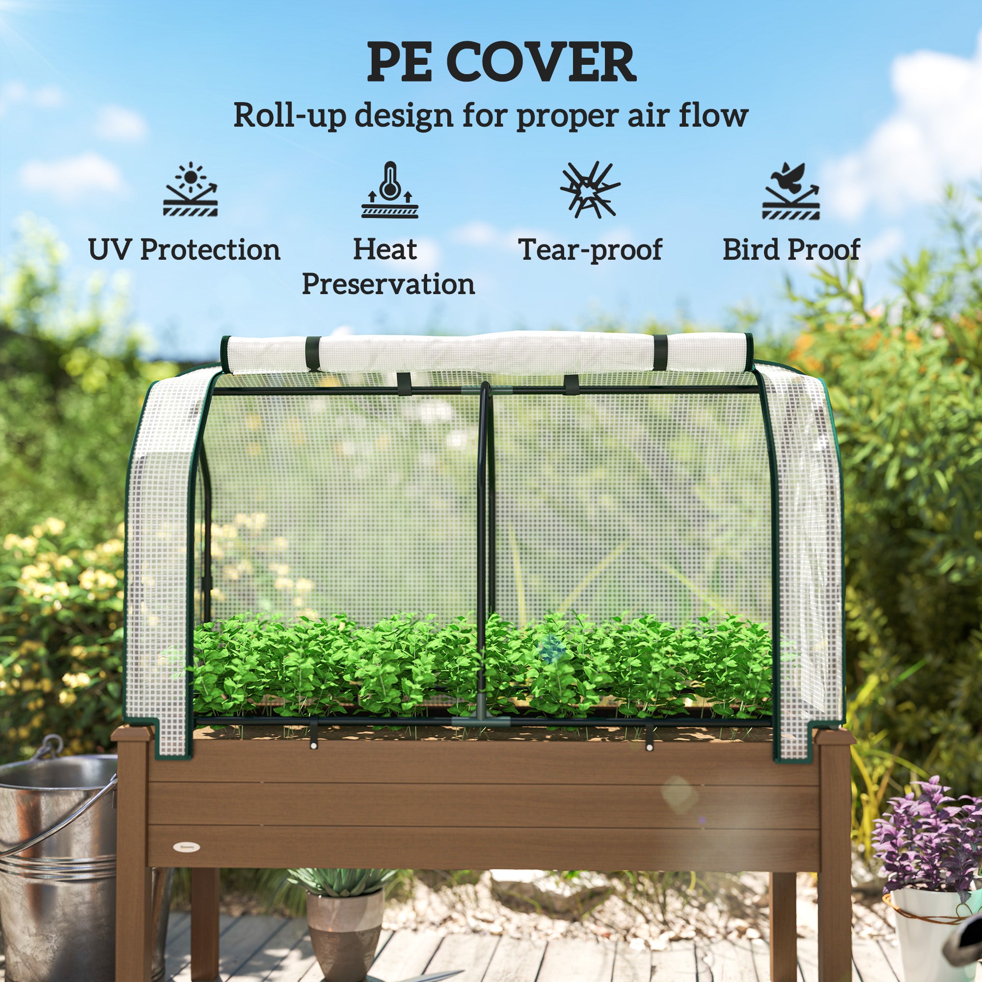 Raised Garden Bed with PE Greenhouse Cover Outdoor Planter Box for Herbs and Vegetables, 48 x 22 x 46 inch, Brown - Brown - Image 4