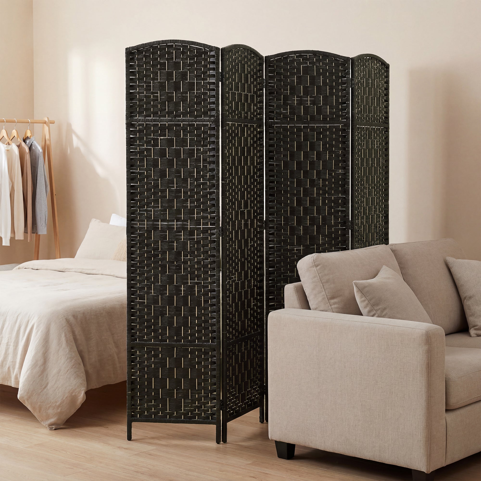 Room Divider, 4 Panel Folding Privacy Screen, 70.9" Tall Portable Weave Partition Wall Divider for Bedroom, Coffee