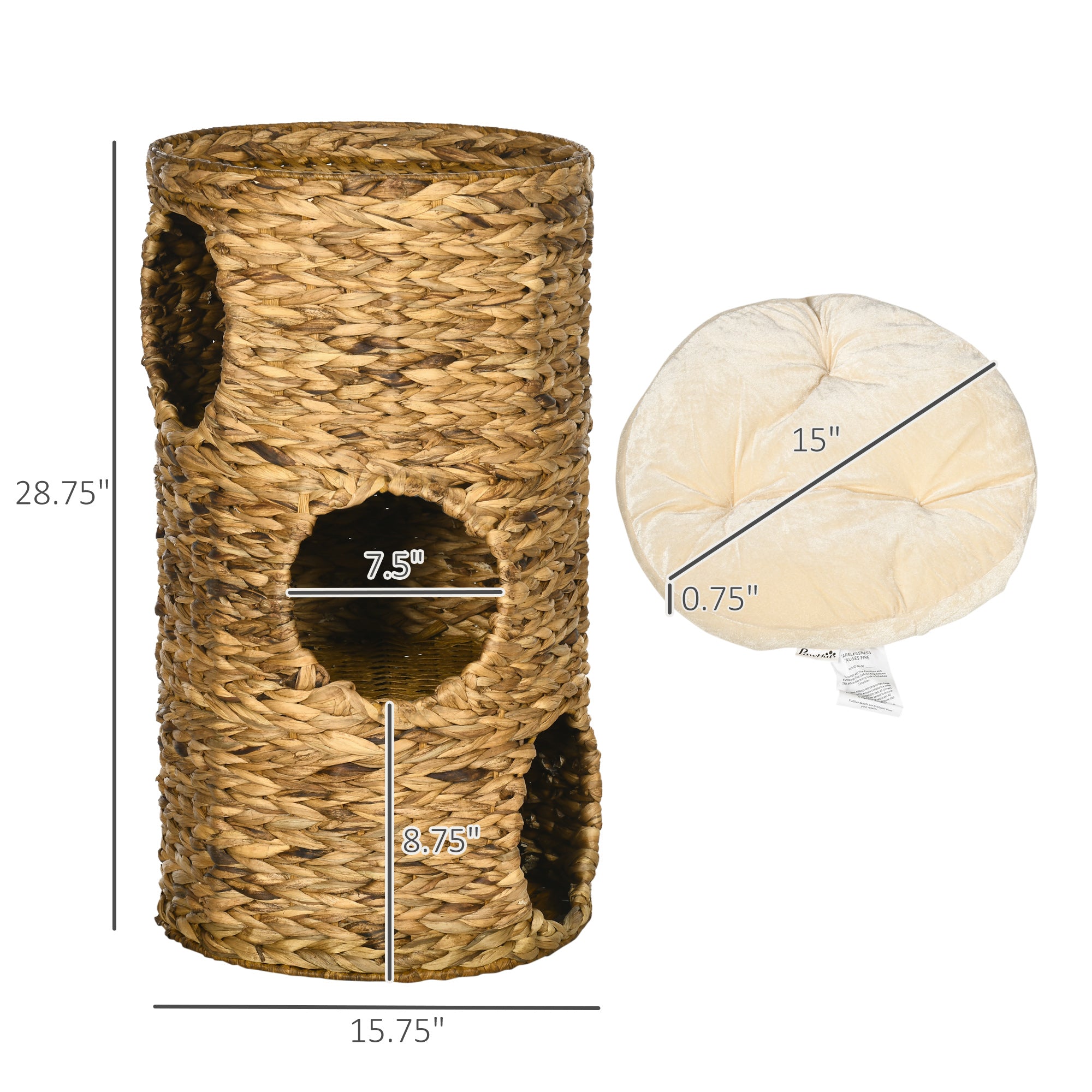 Elevated Cat Bed with Three Hideaways & Four Soft Plush Cushions, Cat Tower with Hand-Woven Materials, Multi-Layer Raised Kitten Bed Caves - Brown - Image 3