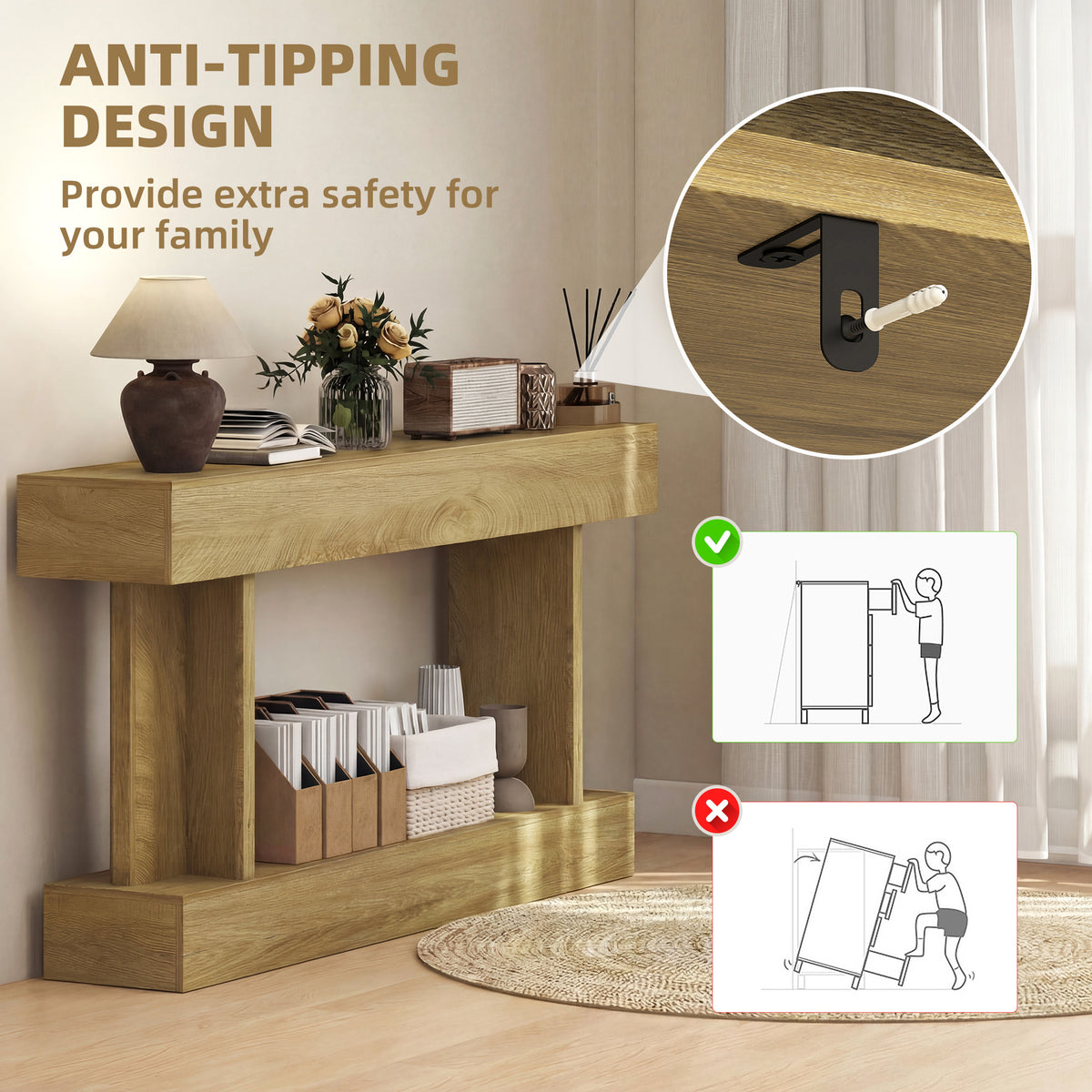 63 Inch Long Console Table, Vintage Narrow Entryway Table with Storage Shelf for Living Room and Hallway, Oak