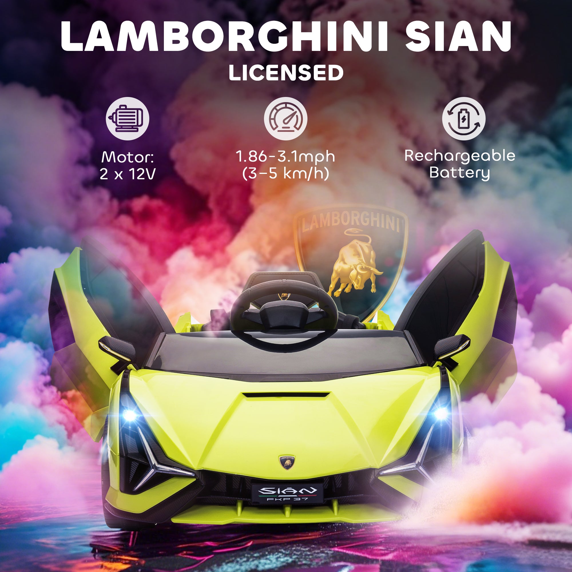 12V Lamborghini SIAN Licensed Electric Car for kids with Remote Control, Horn, Music, & Headlights, Green