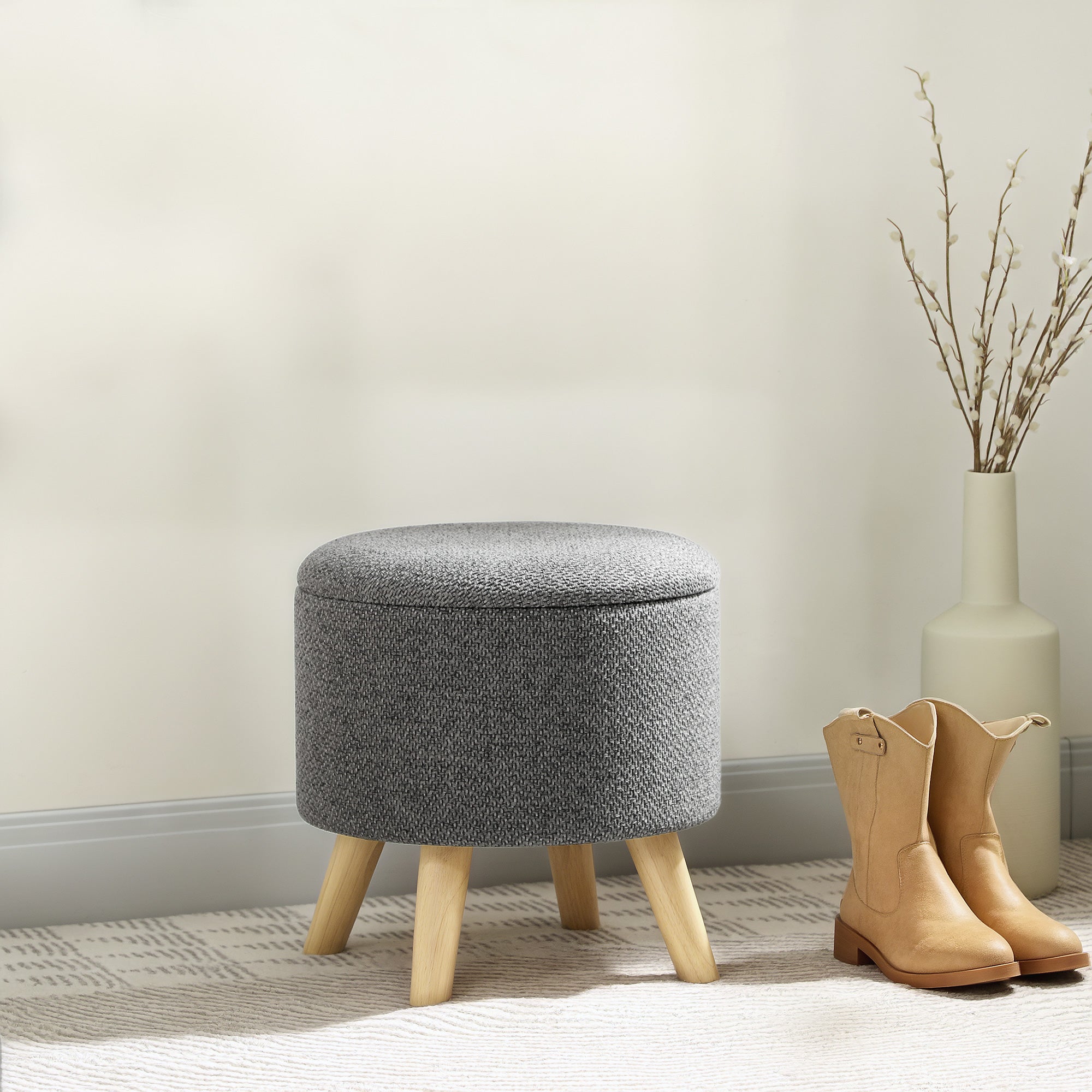 Round Ottoman Stool with Storage, Linen Upholstered Foot Stool with Padded Seat, Hidden Space and Wood Legs, Gray