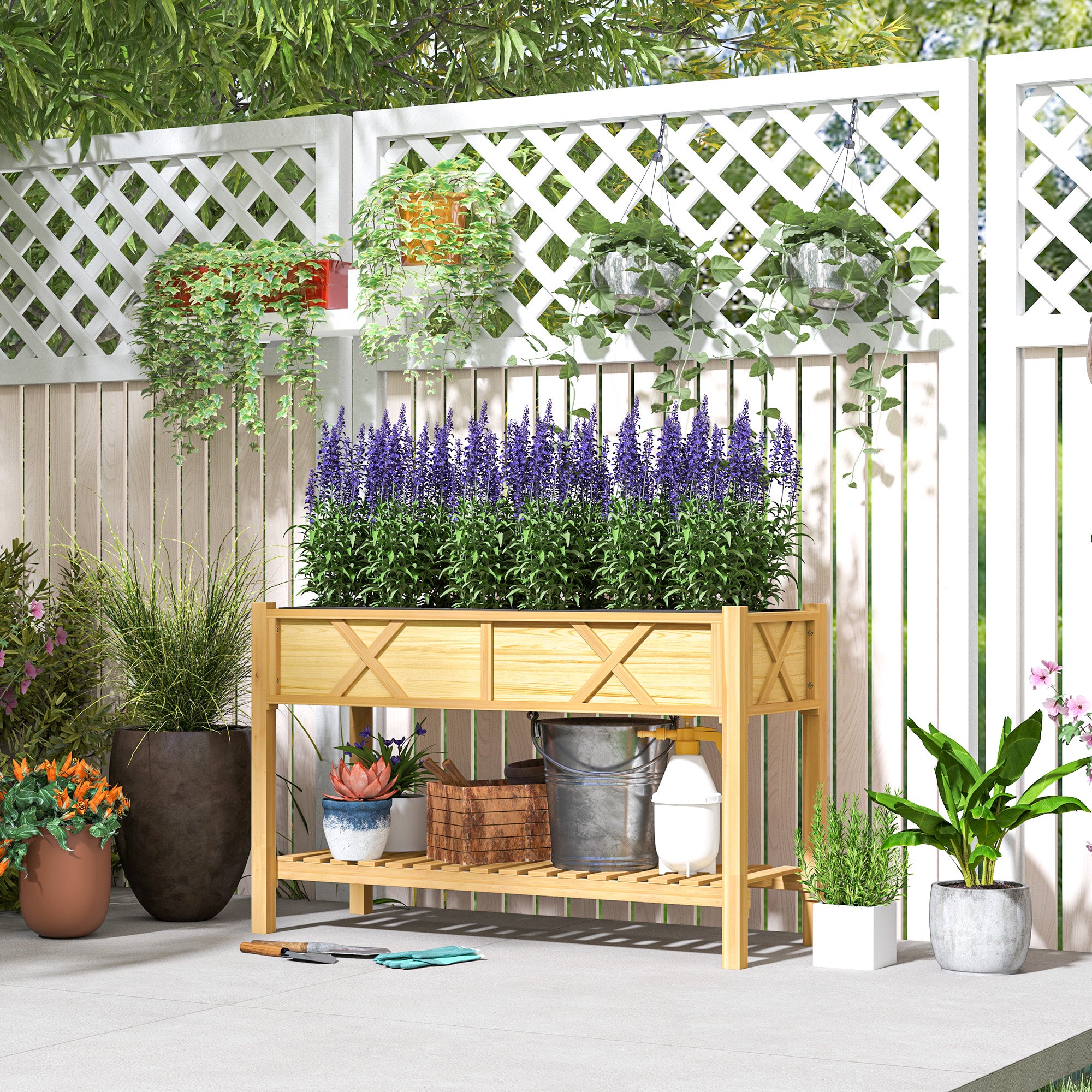 Raised Garden Bed, 47 x 22 x 31.5 in. Elevated Wood Planter Box with Storage Shelf, Drainage Holes, and Liner, Natural - Natural Wood - Image 2