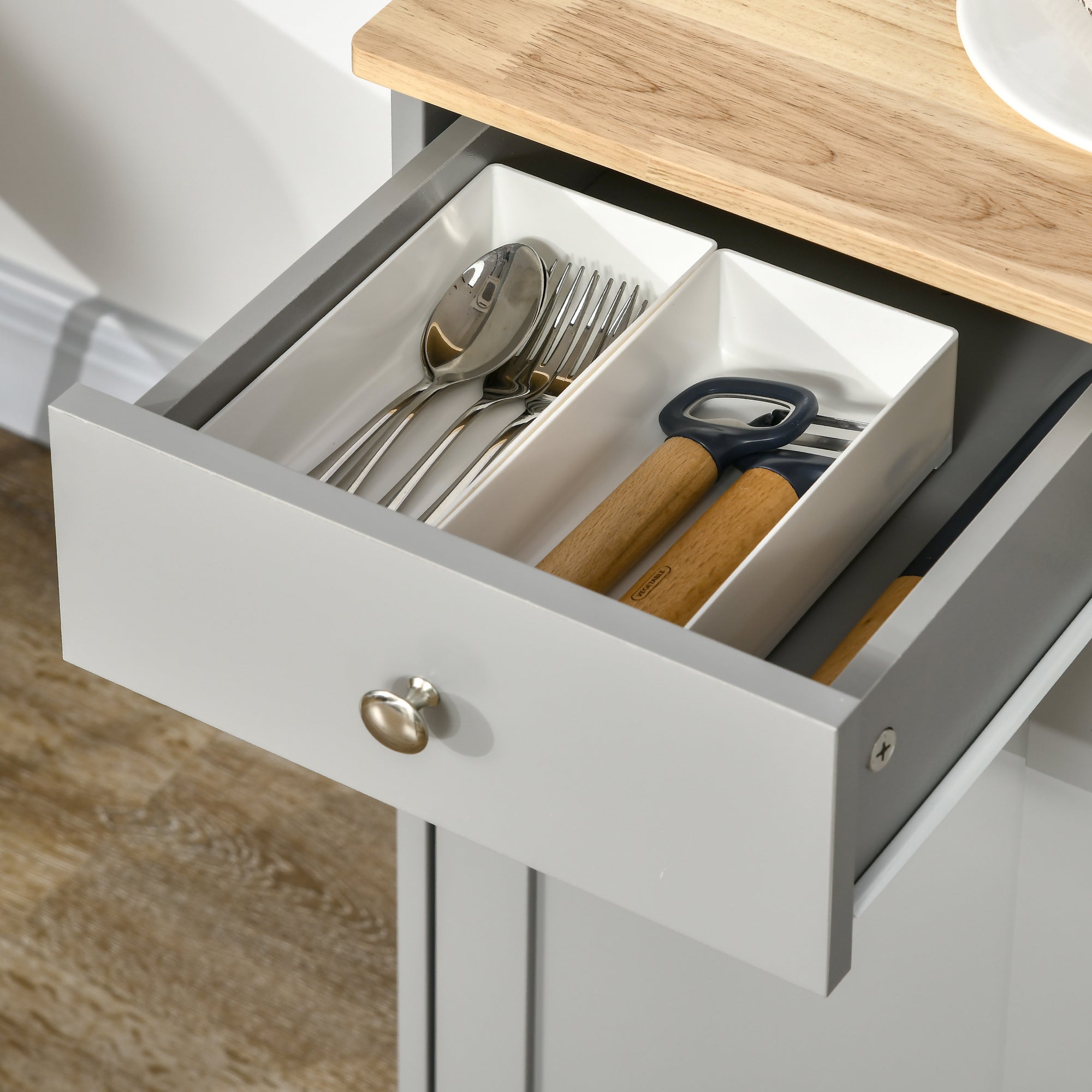Kitchen Storage Cabinet, Sideboard Floor Cupboard with Solid Wood Top, Adjustable Shelf, and 3 Drawers, Gray