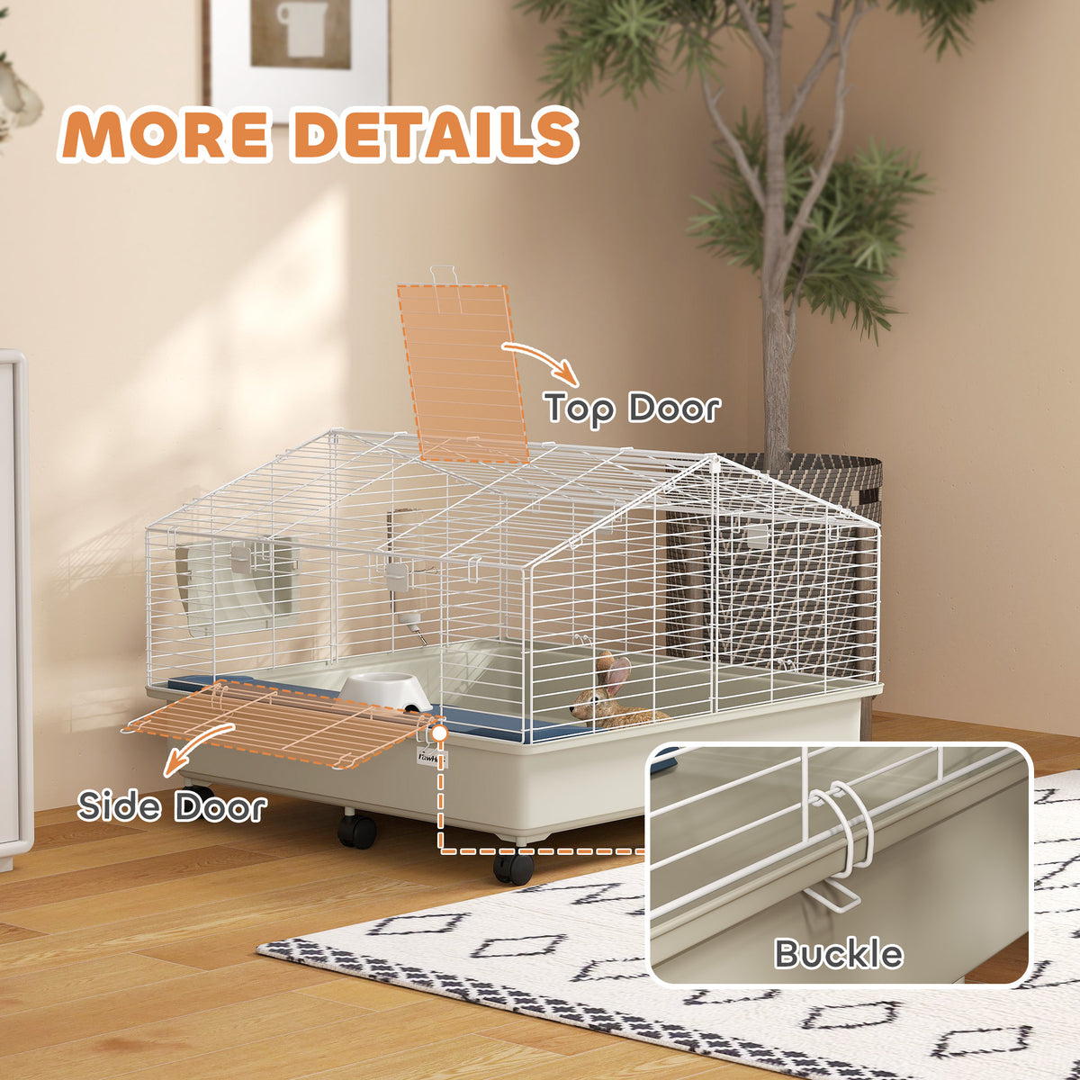 Rolling Small Animal Cage with Water Bottle, Hay Feeder, Food Dish for Rabbits, Hedgehogs, Guinea Pigs, 35" x 35" x 25"