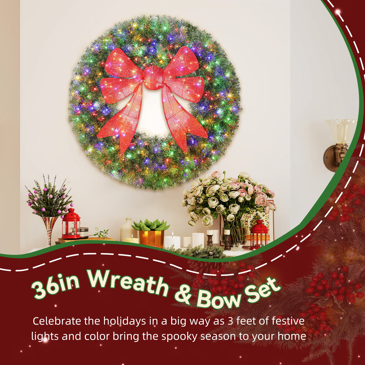 36in Pre-Lit Christmas Wreath with 3D Red Bow, 11 Lighting Modes, Front Door Christmas Wreath with Remote