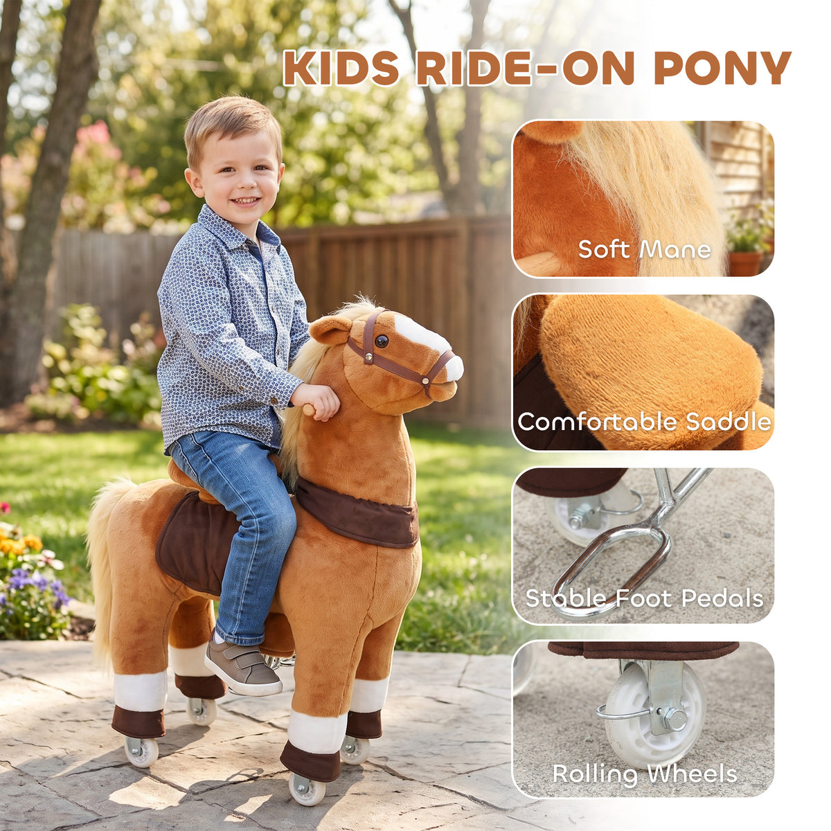 Ride on Horse for Kids 4-12 Years, 37.4 Inch Height Plush Riding Pony with Rolling Wheels for Active Play, Brown