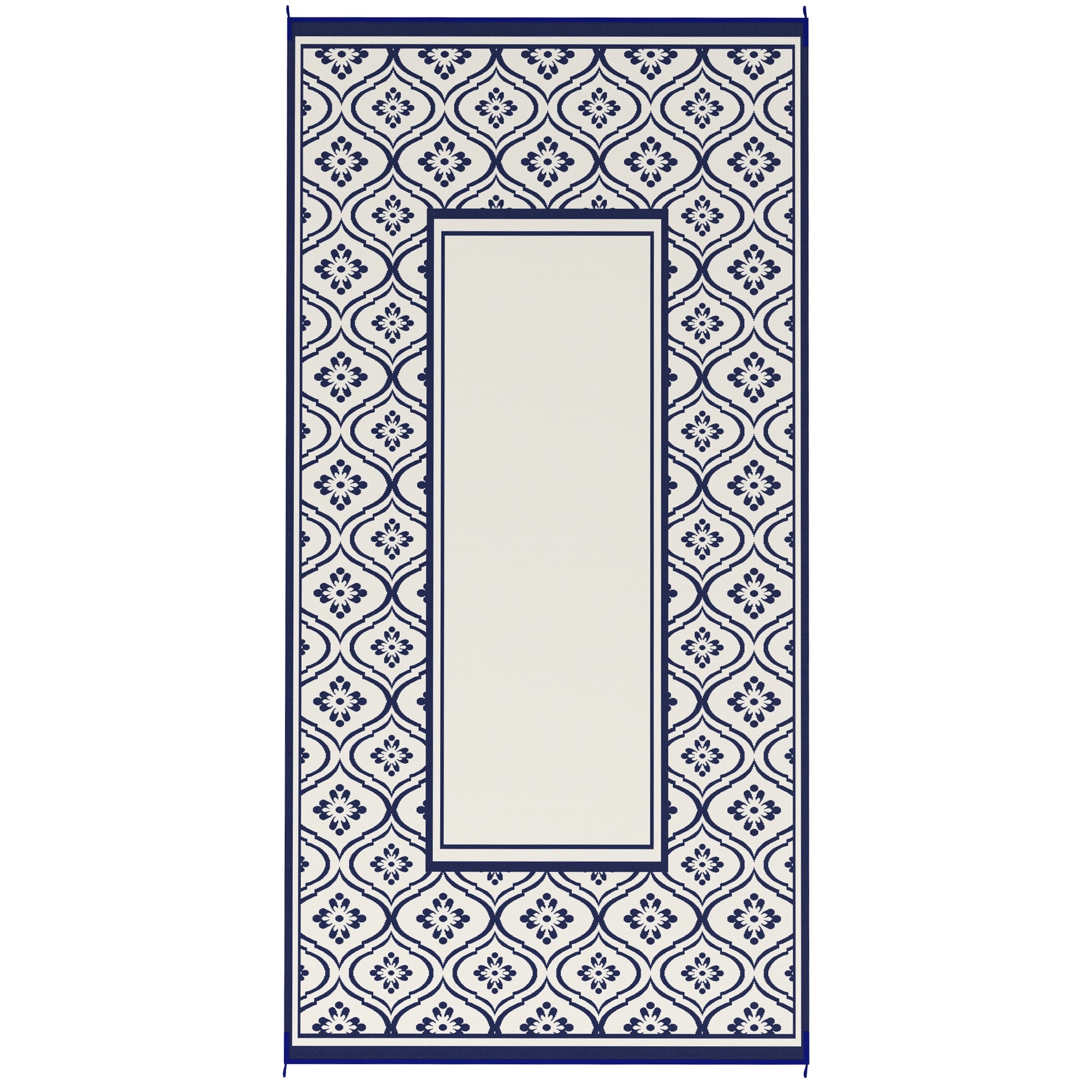 Reversible Outdoor Rug, Waterproof Plastic Straw with Carry Bag, 9' x 18', Blue & White Gourd Border