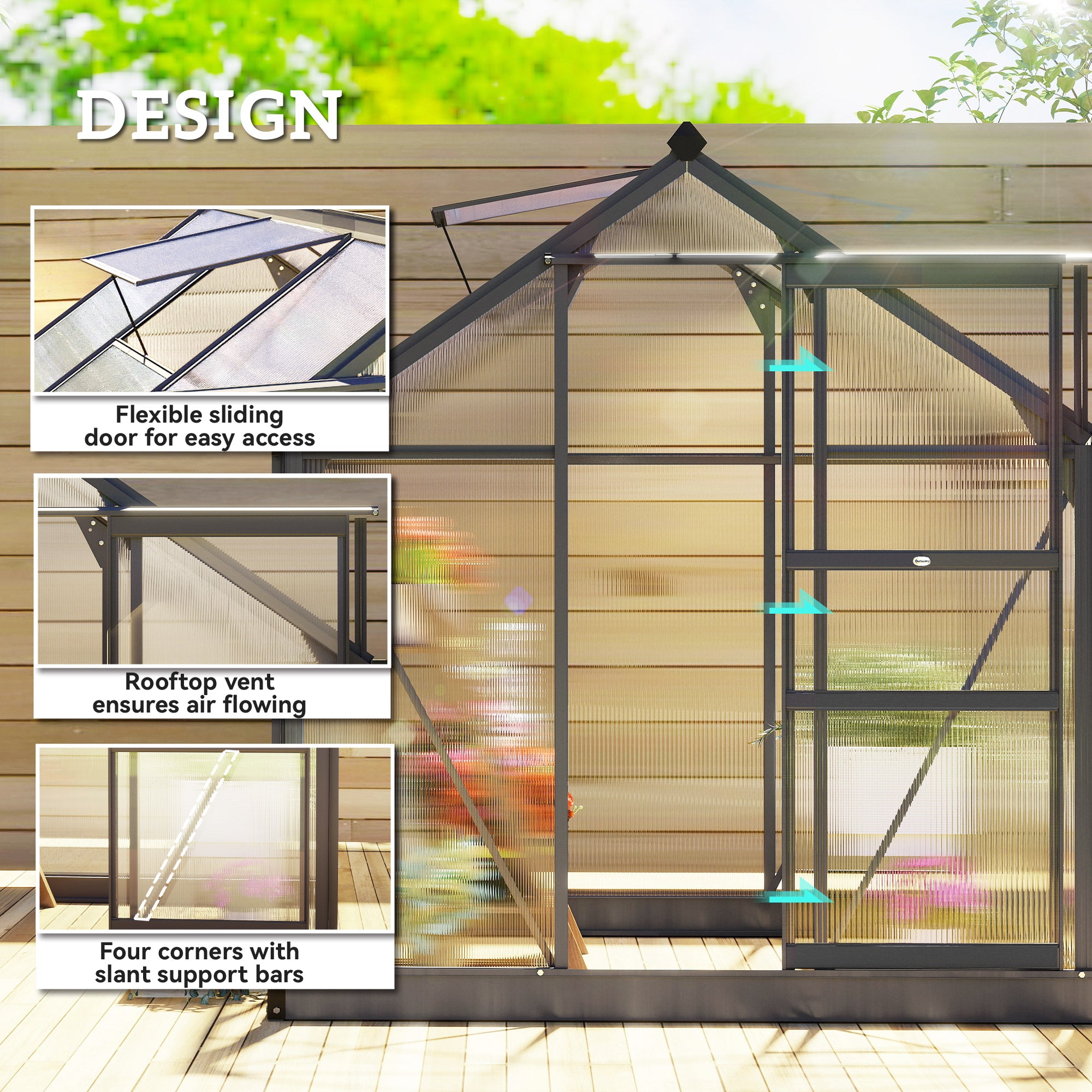 Polycarbonate Greenhouse, Heavy Duty Outdoor Aluminum Walk-in Green House Kit Vent Door, 6.2'x6.2'x6.6' Gray - Gray - Image 4