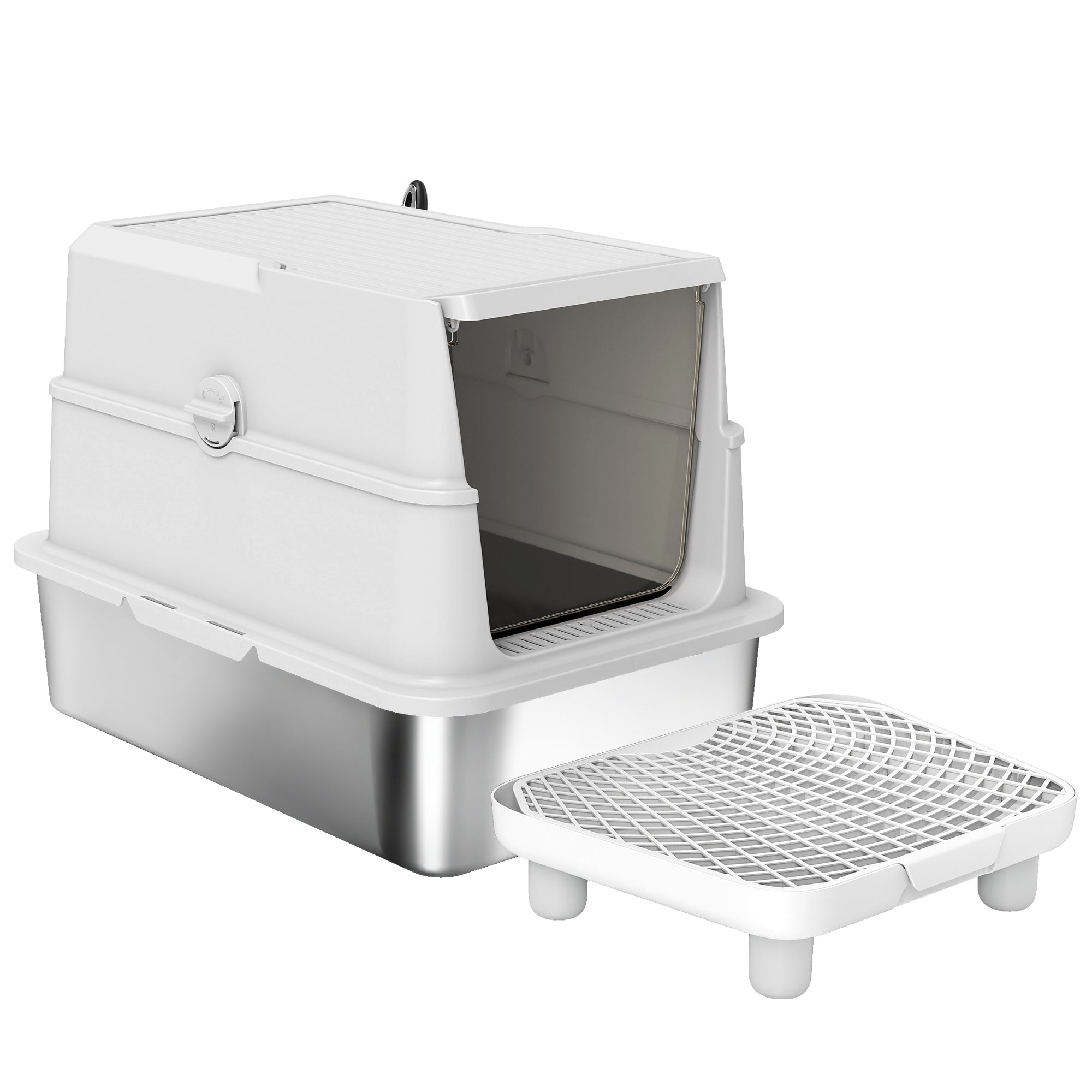 Extra Large Stainless Steel Cat Litter Box for Big Cats with Flip Cover, High-Sided Enclosure & Scoop - Light Gray