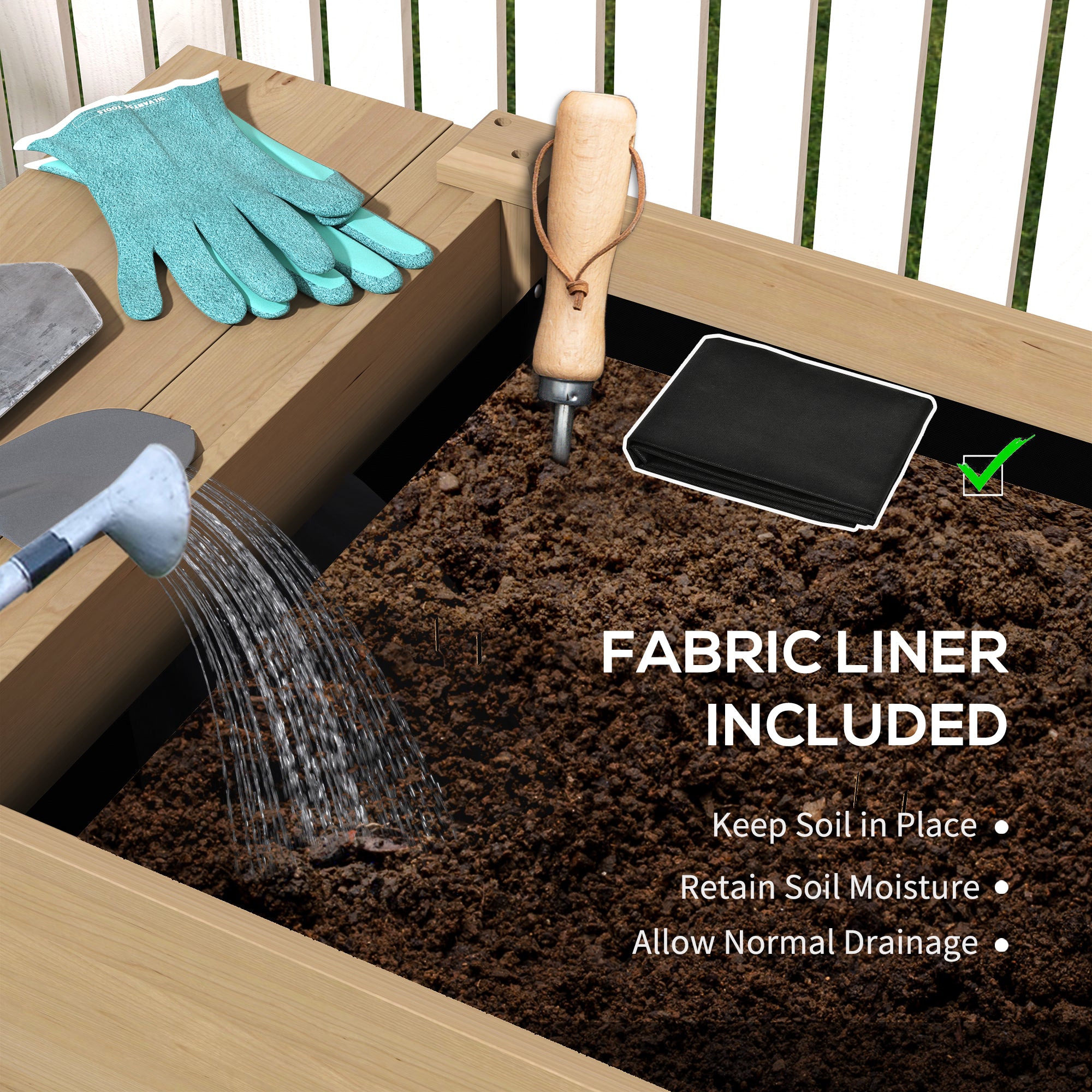 Wood Raised Garden Box, Elevated Garden Bed with Side Table, Bottom Shelf, Bed Liners and Drainage Holes, Carbonized - Carbonized - Image 6
