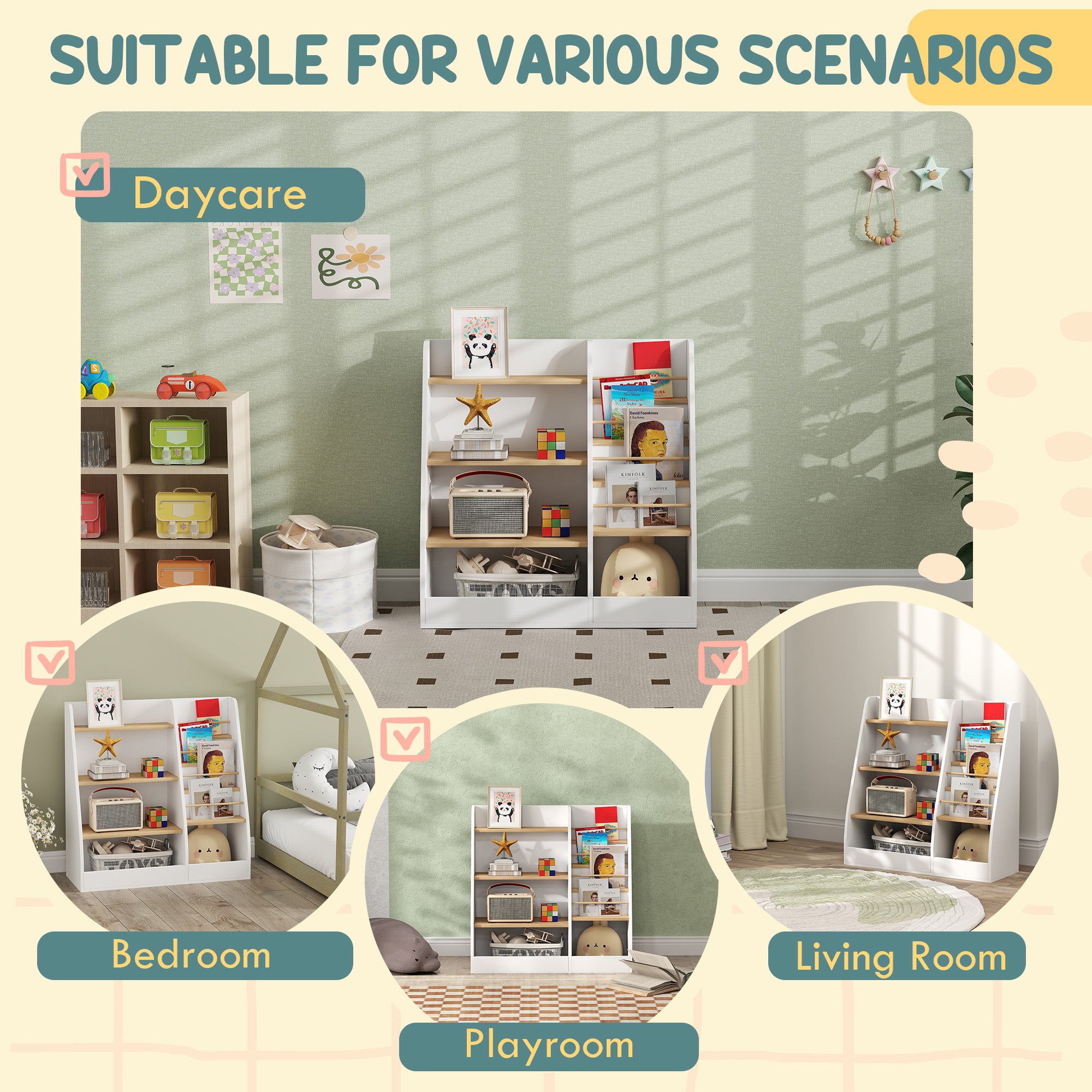 4 Tier Kids Bookshelf and Toy Storage Organizer with Book Rack, for Living Room, Kids Room, Playroom, Bedroom, White