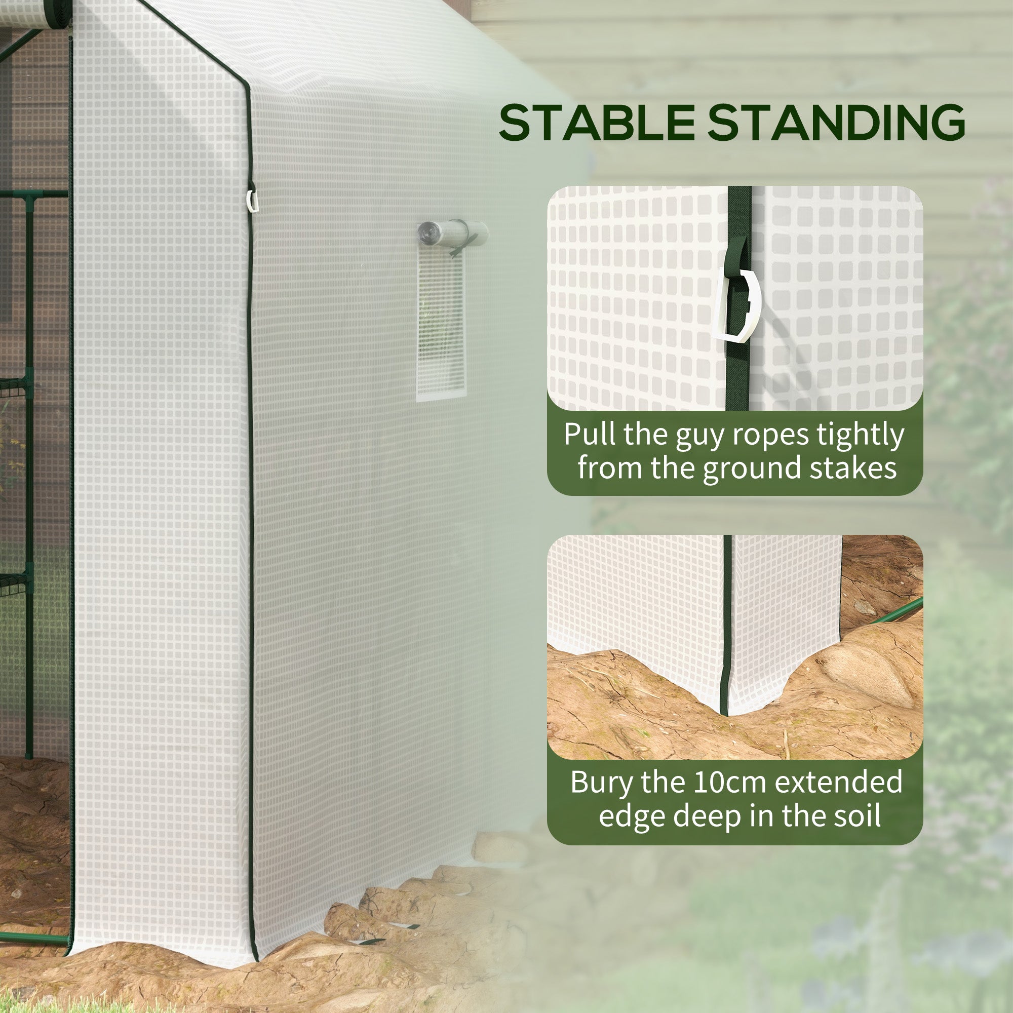 4.6' x 4.7' Portable Greenhouse, Water/UV Resistant Walk-In Small Outdoor Green House with 2 Tier U-Shaped Flower Rack Shelves, Roll Up Door & Windows, White - White - Image 7