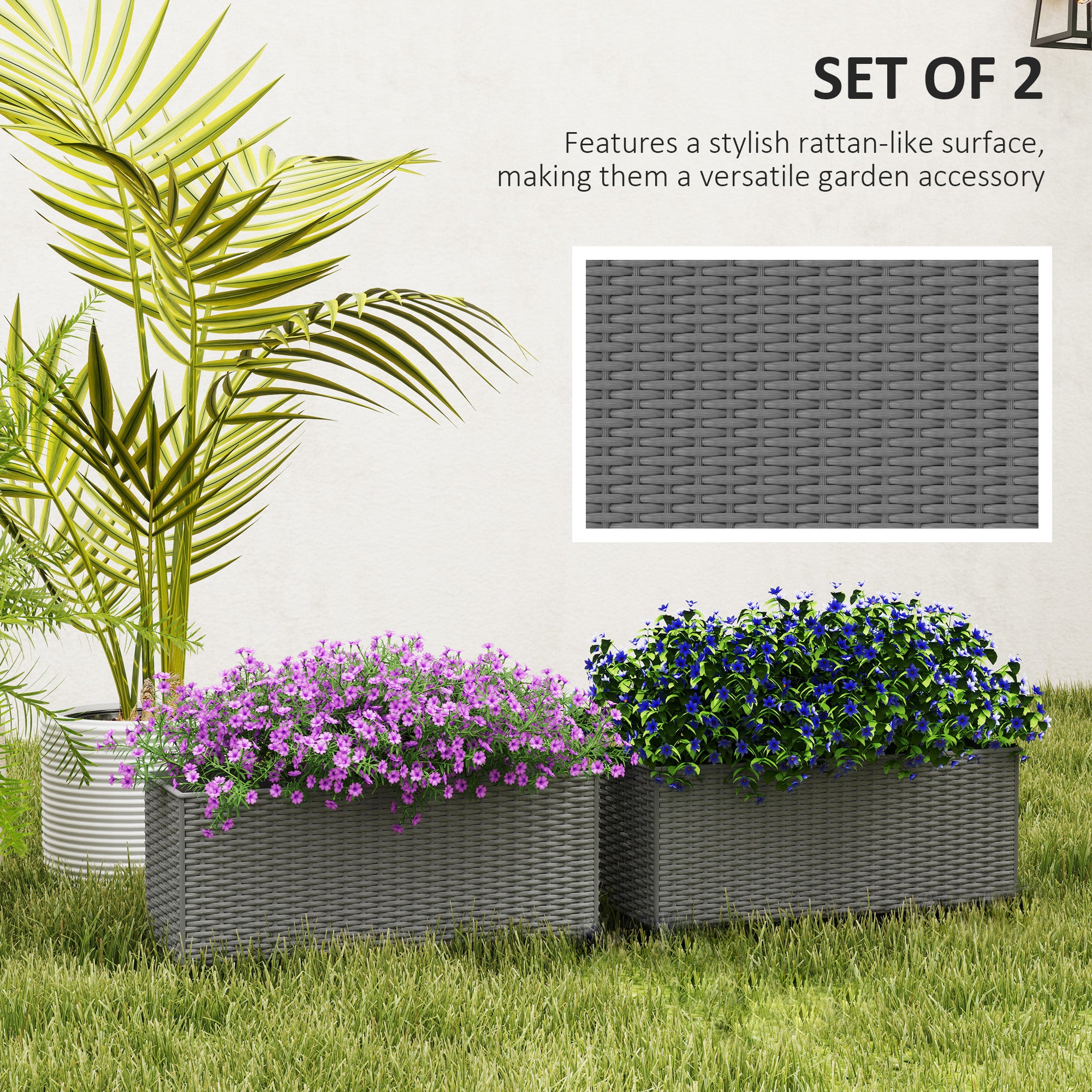 2 Pack 20 Inch Railing Flower Pots, Hanging Flower Pots with Hooks, Drainage Holes for Fence, Rattan Look, Gray - Gray - Image 4