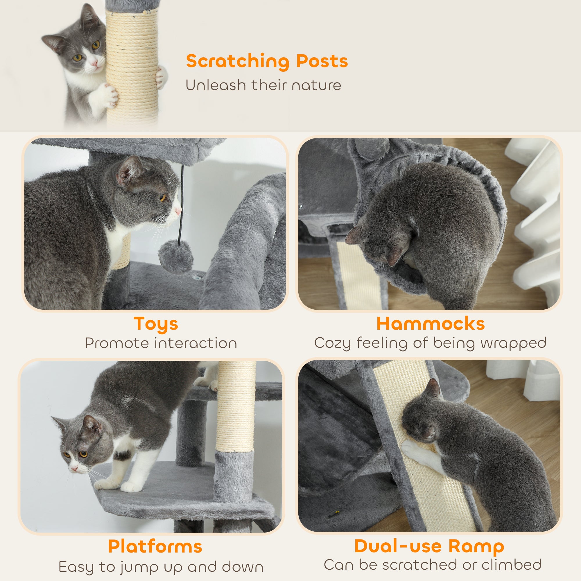 69" Cat Tree, Multi-Level Cat Tower with 2 Condos and 3 Hammocks, 8 Scratching Posts, for Multiple Cats, Dark Gray - Dark Gray - Image 7