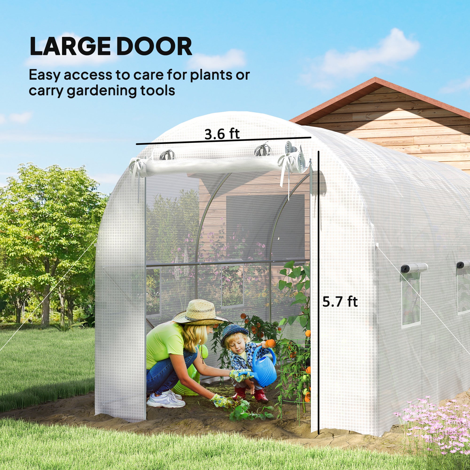 Hoop House Greenhouse, Walk-in Tunnel Greenhouse with 2 Support Rods, Zippered Roll-up Mesh Door, 14.6'x6.5'x6.6', White - White - Image 7