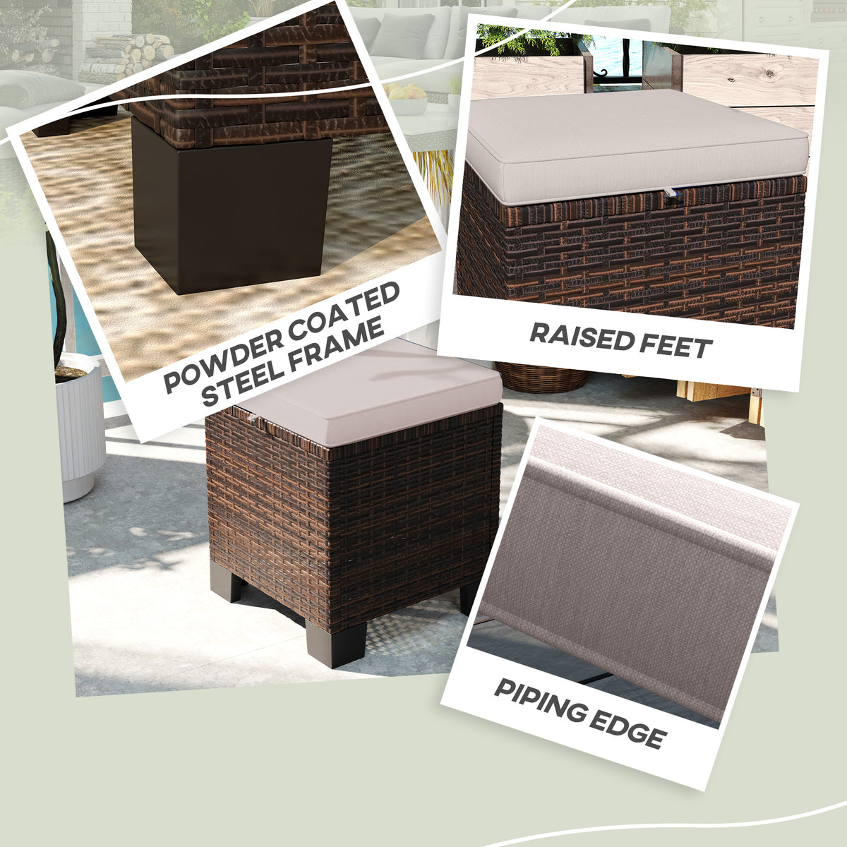2 Piece Wicker Outdoor Ottomans with Cushions, Rattan Ottoman Footrest and Side Table for Patio, Yard, Poolside, Cream