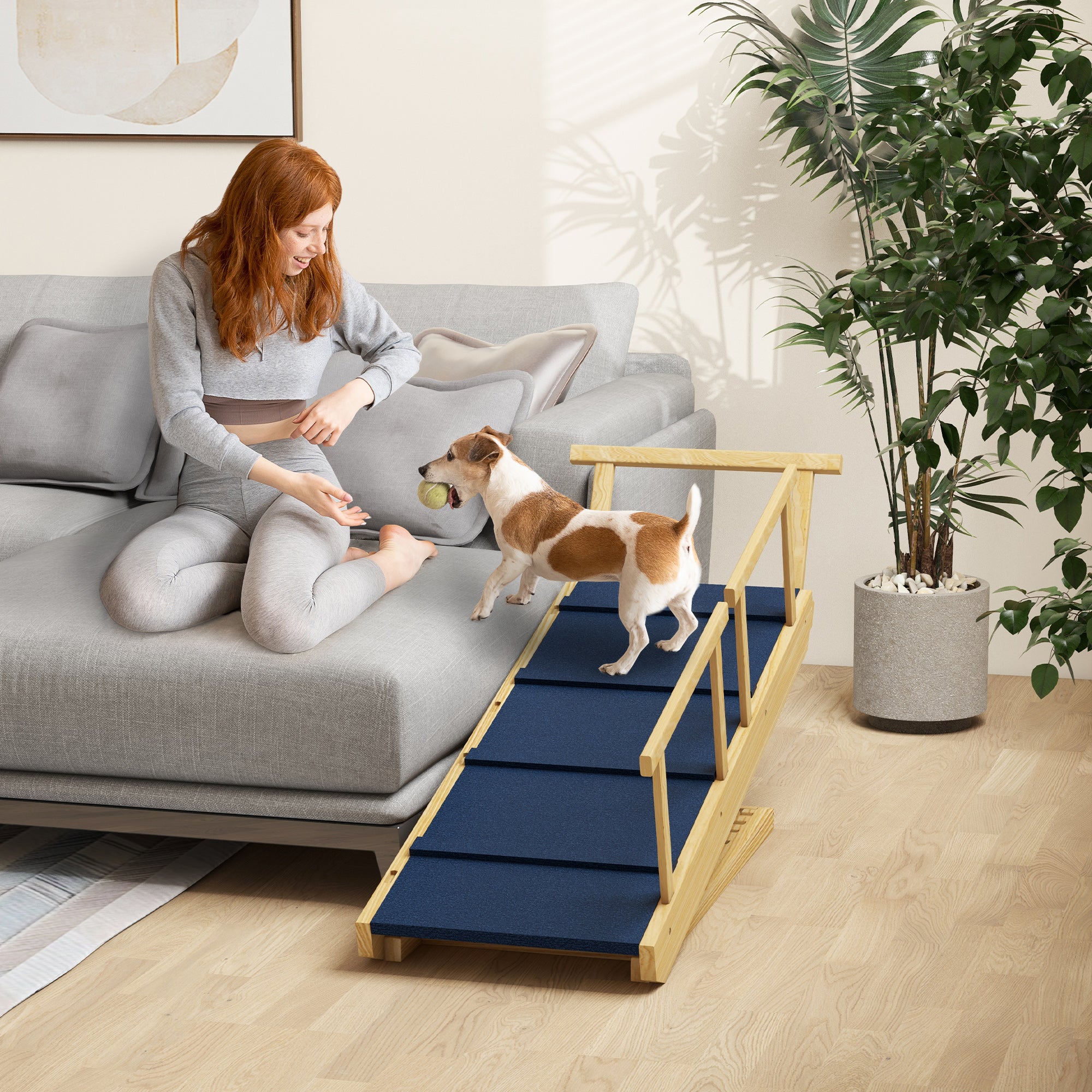 Dog Ramp, Adjustable Height Pet Steps, Foldable Dog Stairs with Non-slip Mat for Small to Large Dogs - Natural Wood - Image 2