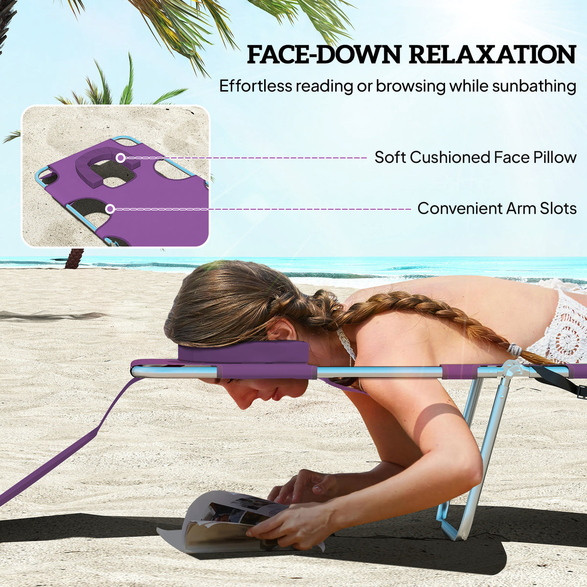 Tanning Chair with Face Hole, 5-Level Adjustable Outdoor Chaise Lounge Chair with Pillow for Beach, Pool, Purple