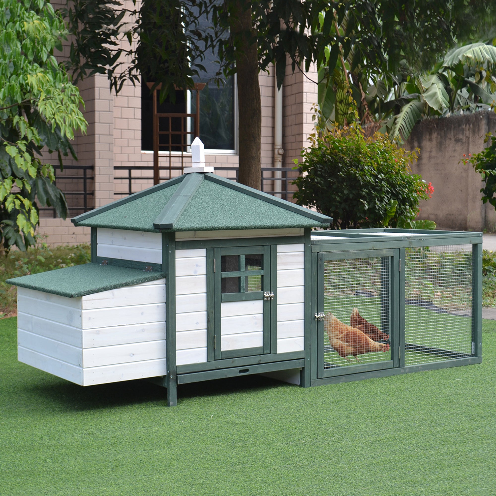 77" Wooden Chicken Coop Hen House Poultry Cage with Weatherproof Roof, Nesting Box, Enclosed Run and Removable Tray for Outdoor Backyard, Green - White - Image 2