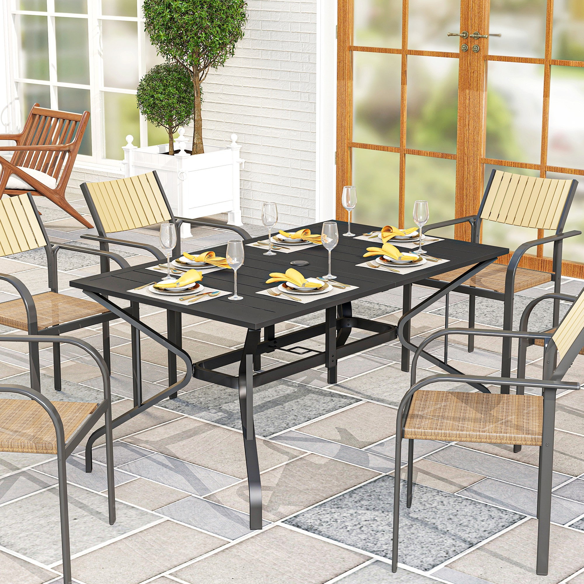 Rectangular Patio Table with Umbrella Hole, Steel Rectangle Outdoor Dining Table for 6 People for Garden, Black