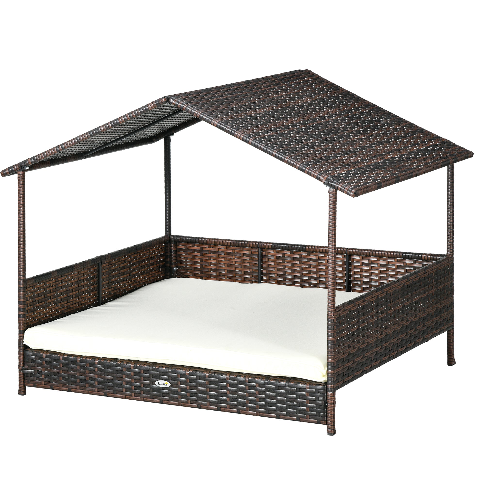 Outdoor Dog Bed with Canopy, Rattan Dog Bed with Soft Cushion Removable Cover for Medium and Large Dogs, Cream White - Cream White