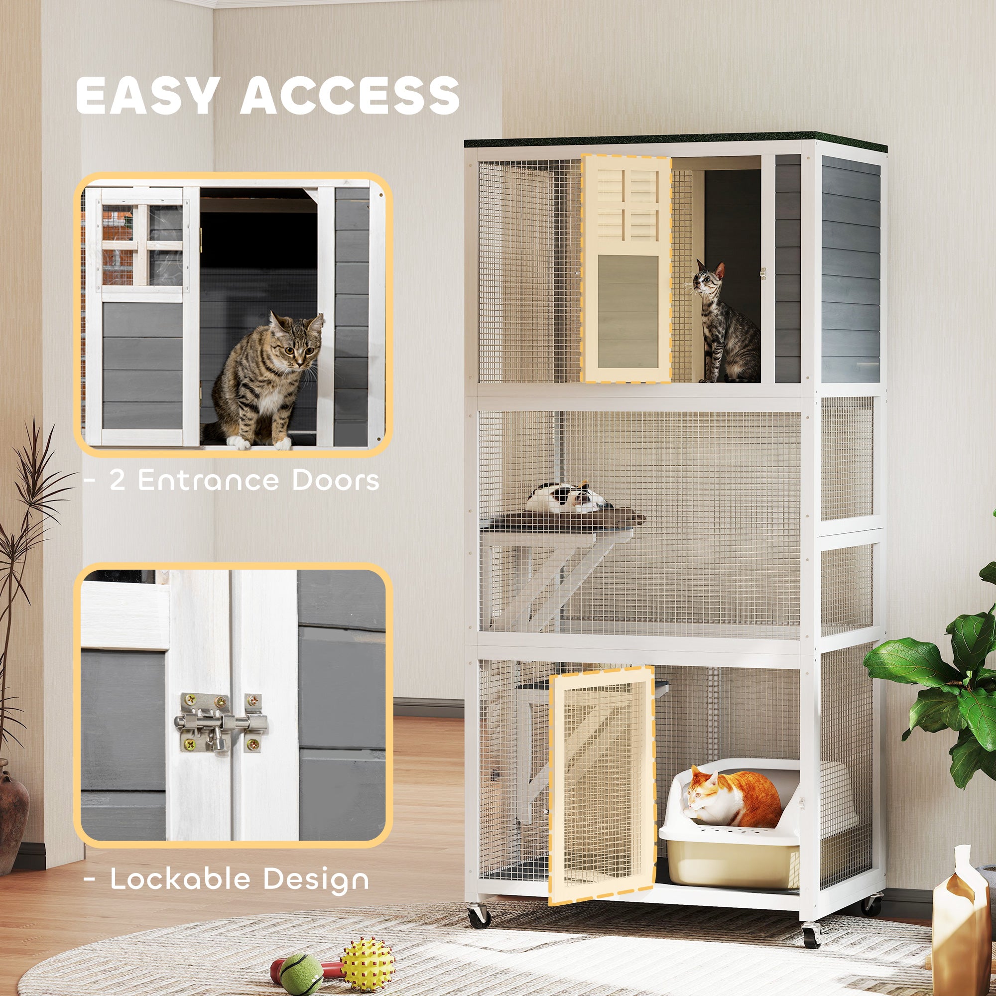 74" Wooden Catio Outdoor Cat Enclosure Weatherproof & Wheeled, Outside Cat House with High Weight Capacity, Kitten Cage Condo, White - Dark Gray - Image 7