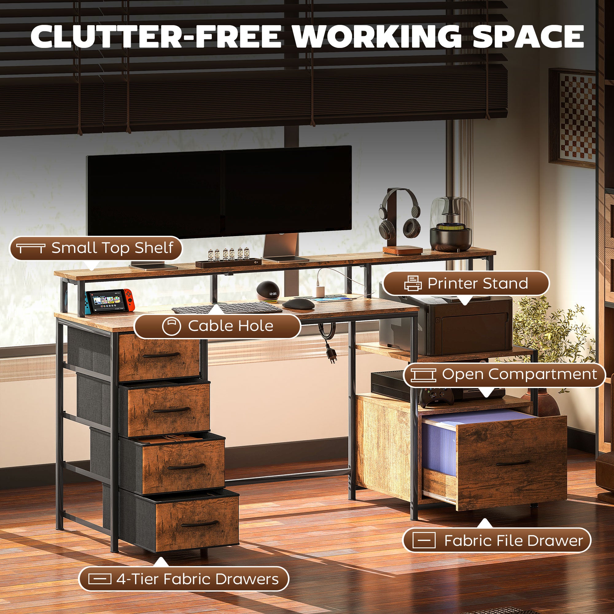 Computer Desk with Power Outlets and LED Lights, 67" Computer Table with File Cabinet and Fabric Drawers, Rustic Brown